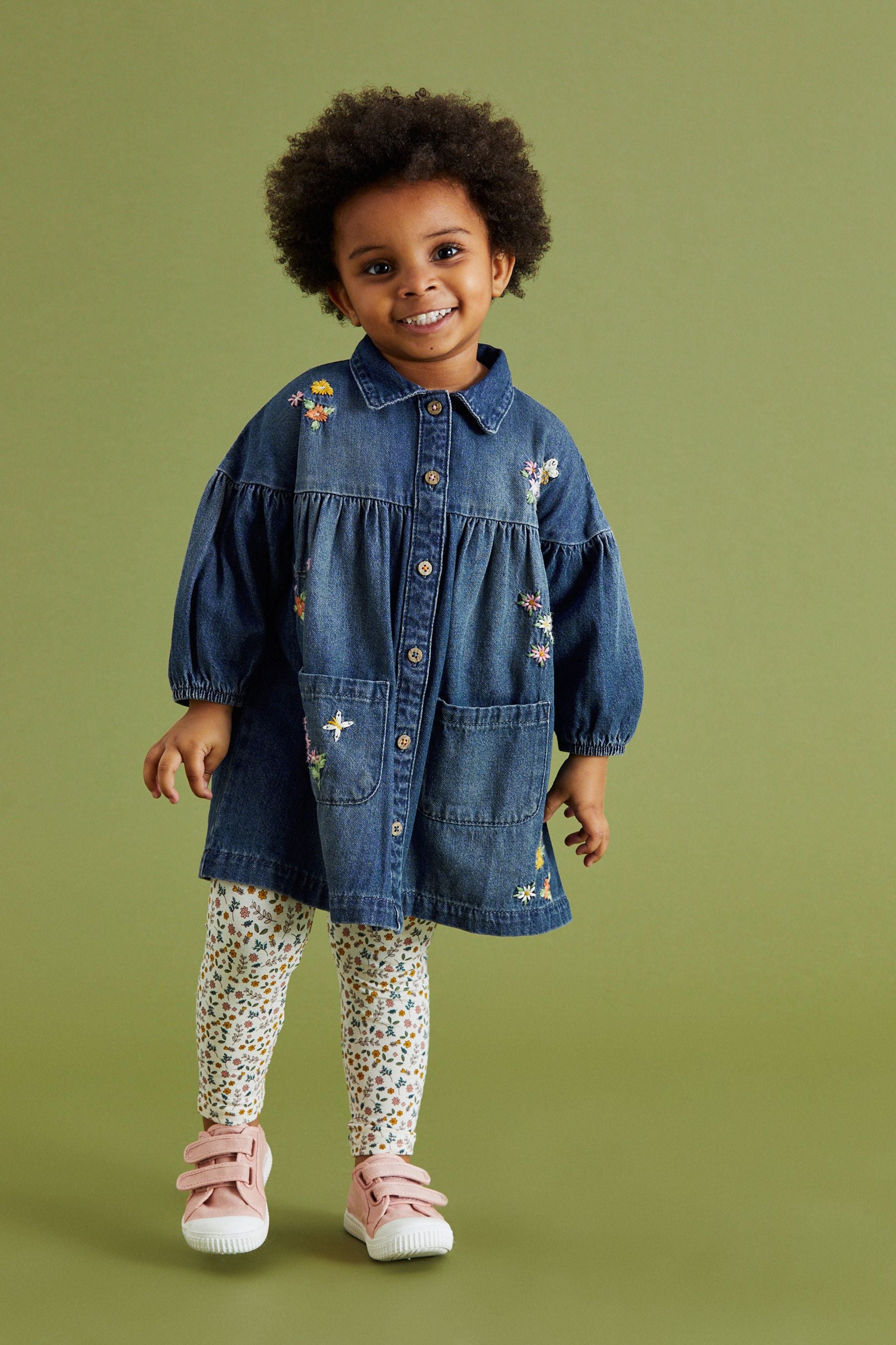 Blue Denim Floral Embroidered Dress And Leggings Set (3mths-7yrs)