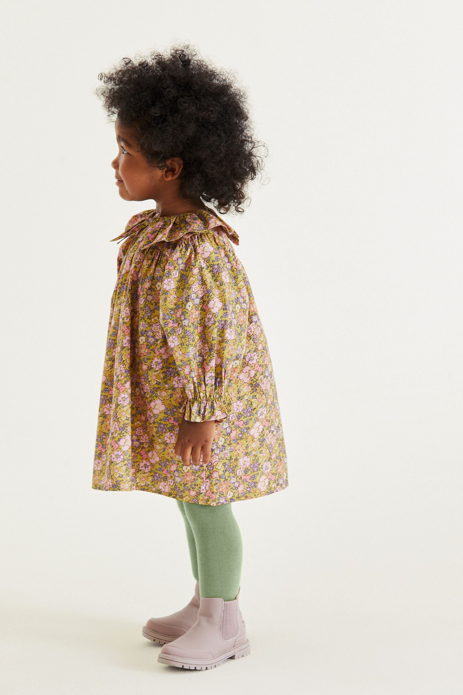 Pink/Green Floral Ruffle Collar Dress And Tights Set (3mths-8yrs)