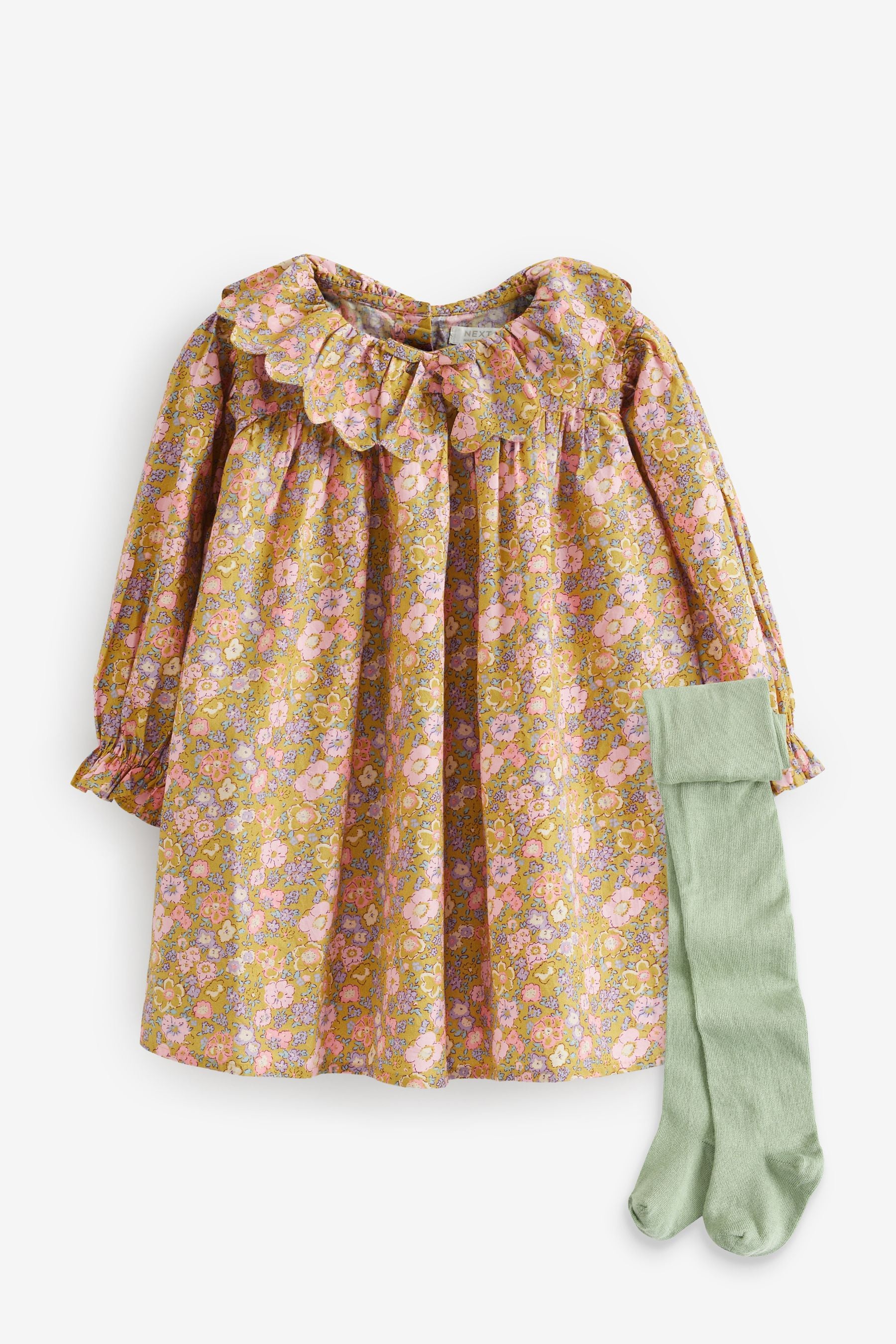 Pink/Green Floral Ruffle Collar Dress And Tights Set (3mths-8yrs)