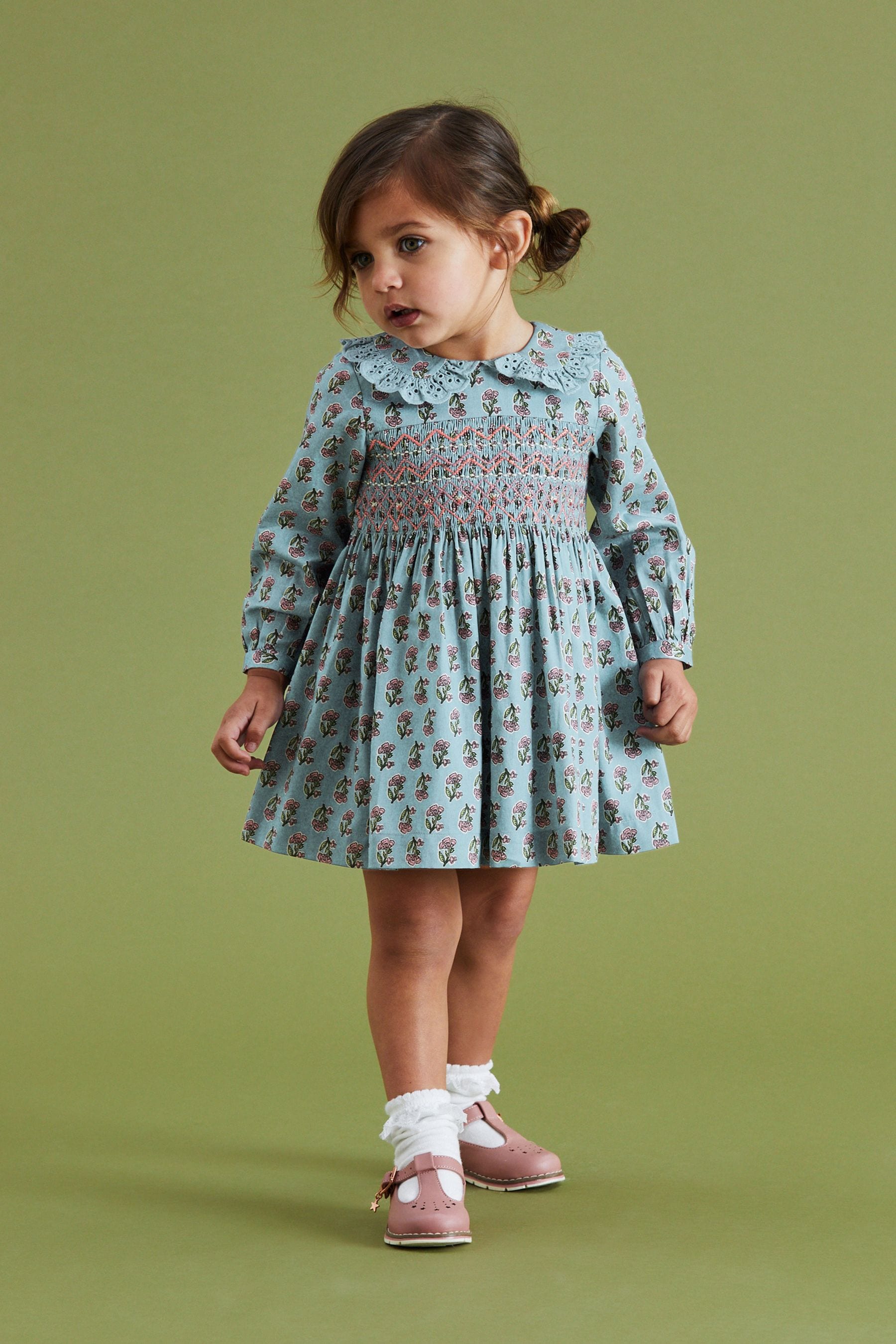 Teal Blue Printed Shirred Collar Dress (3mths-8yrs)