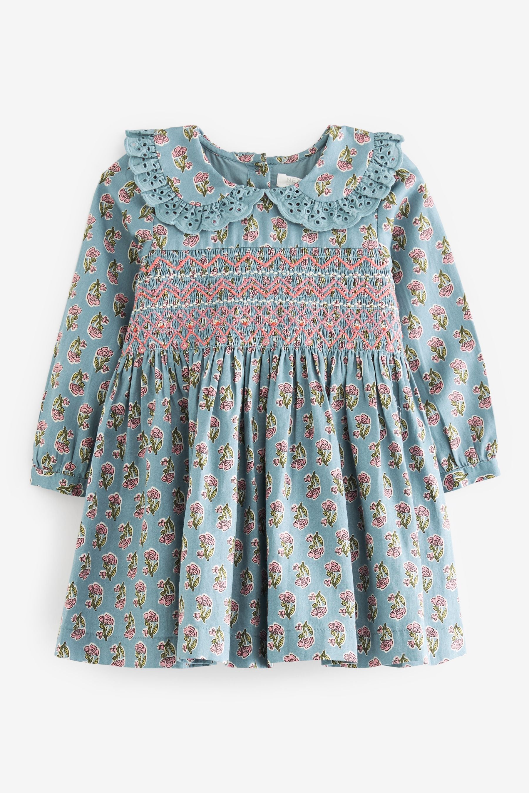 Teal Blue Printed Shirred Collar Dress (3mths-8yrs)