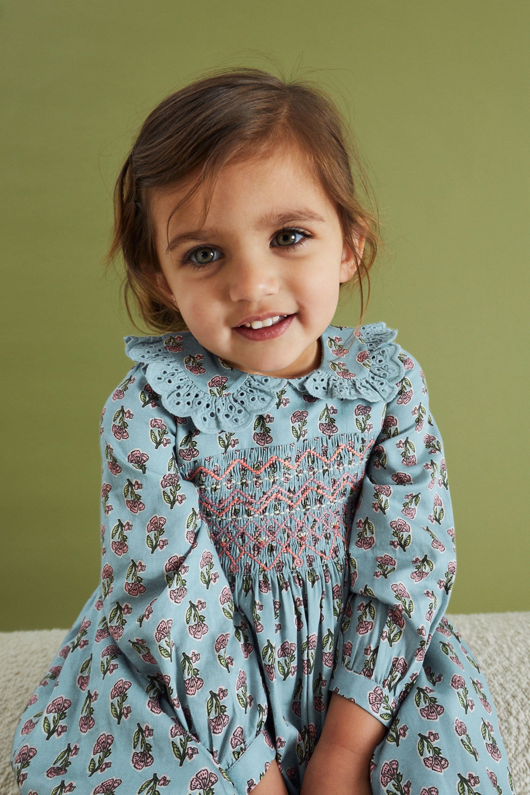 Teal Blue Printed Shirred Collar Dress (3mths-8yrs)