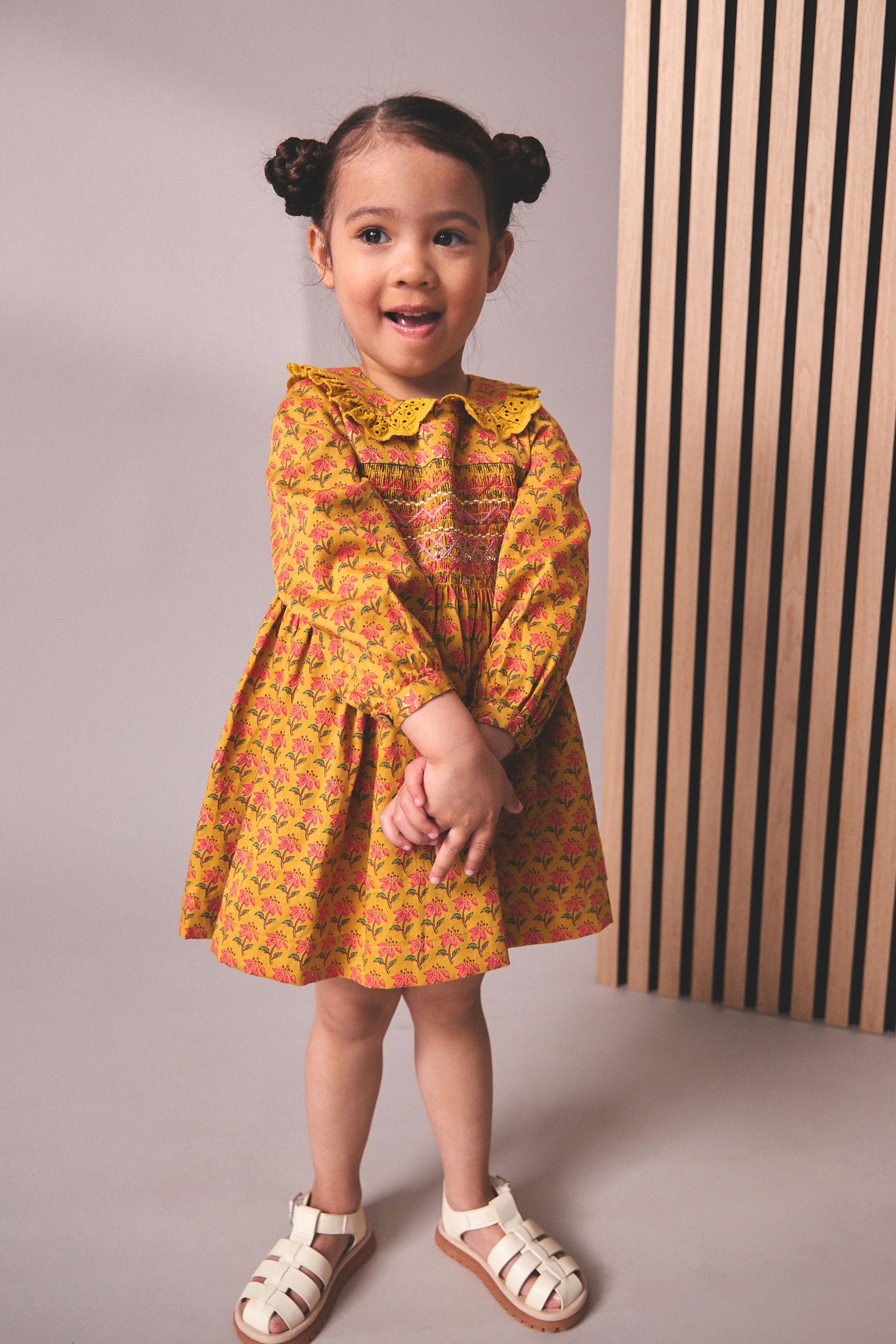 Yellow Printed Shirred Collar Dress (3mths-8yrs)