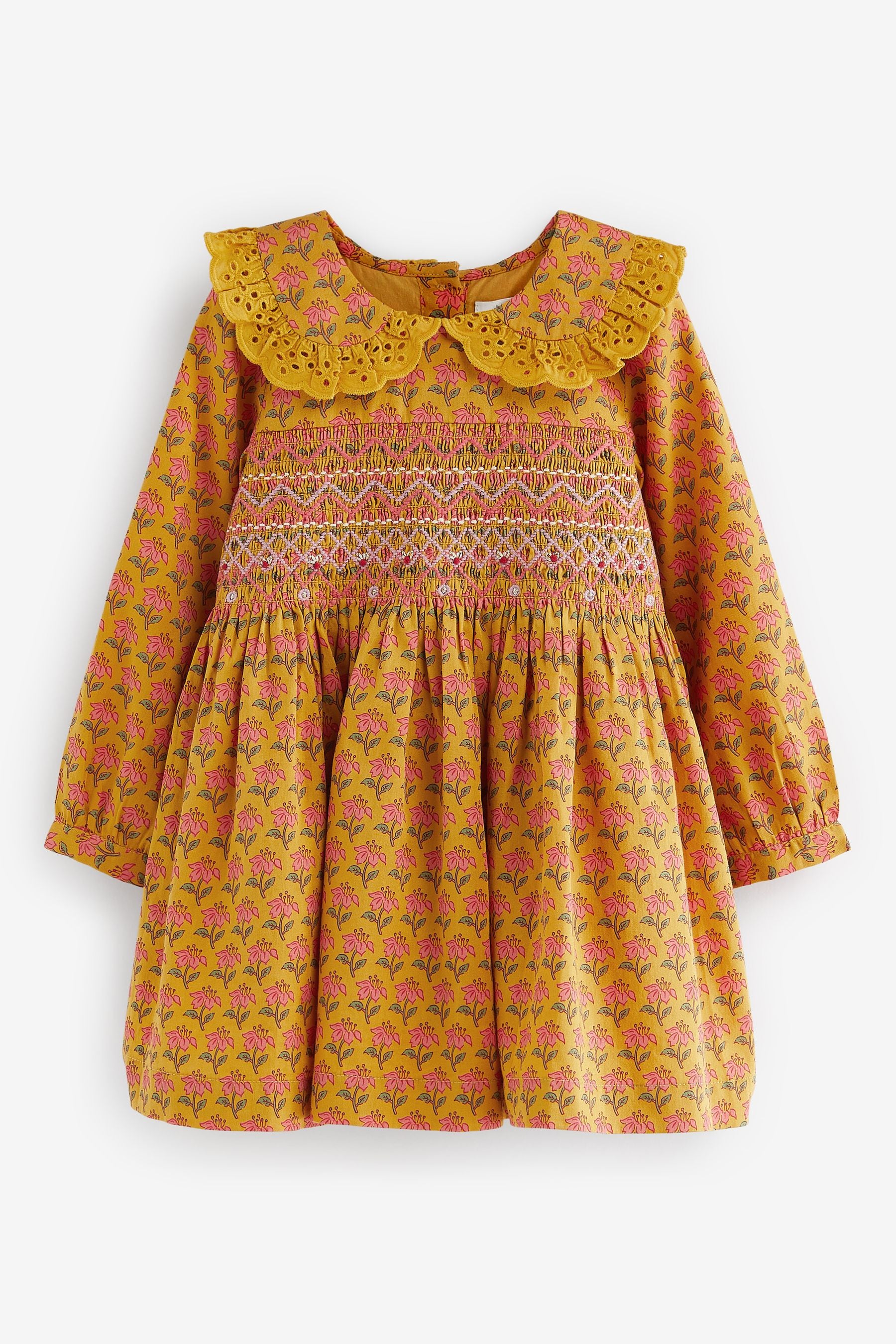 Yellow Printed Shirred Collar Dress (3mths-8yrs)