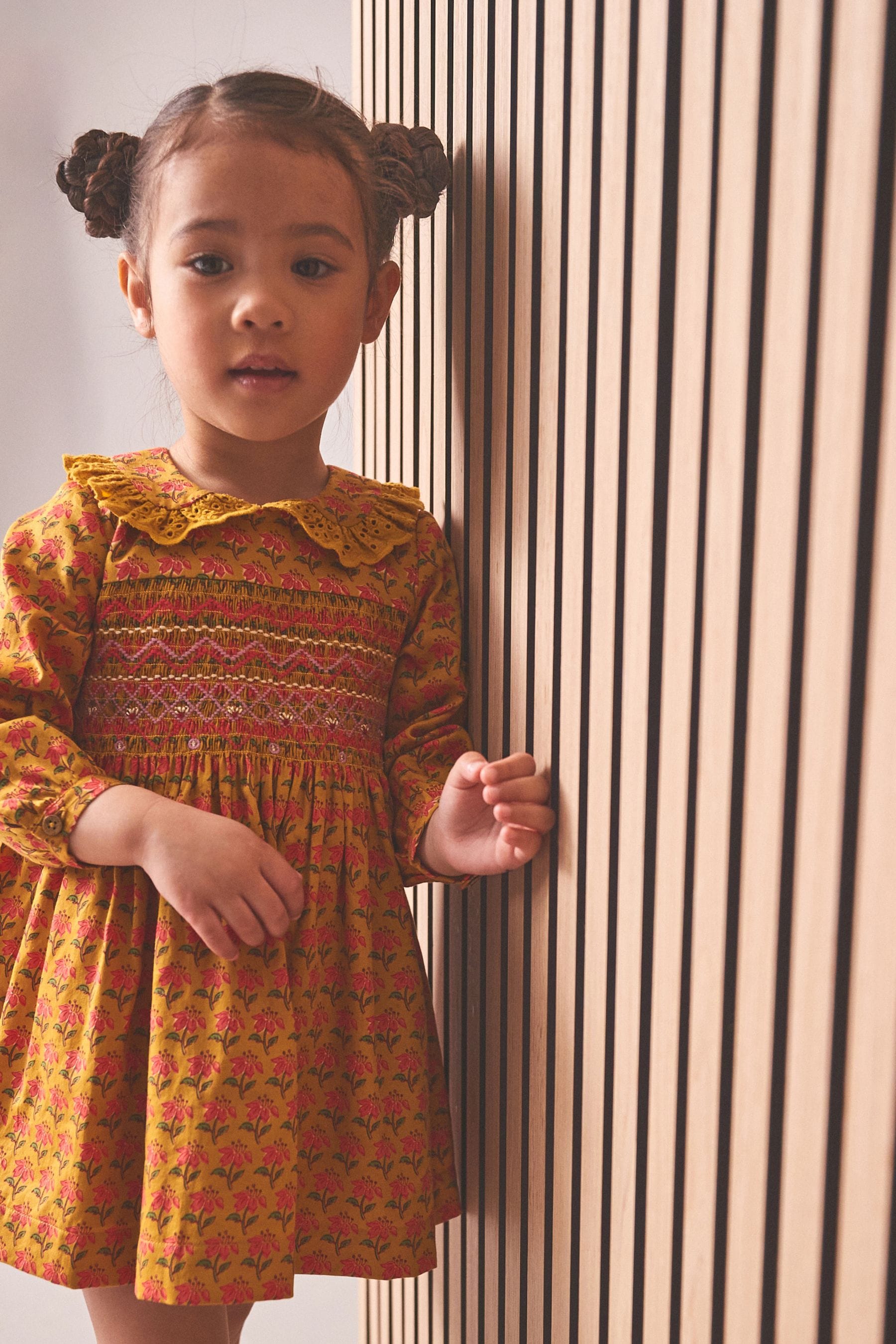 Yellow Printed Shirred Collar Dress (3mths-8yrs)