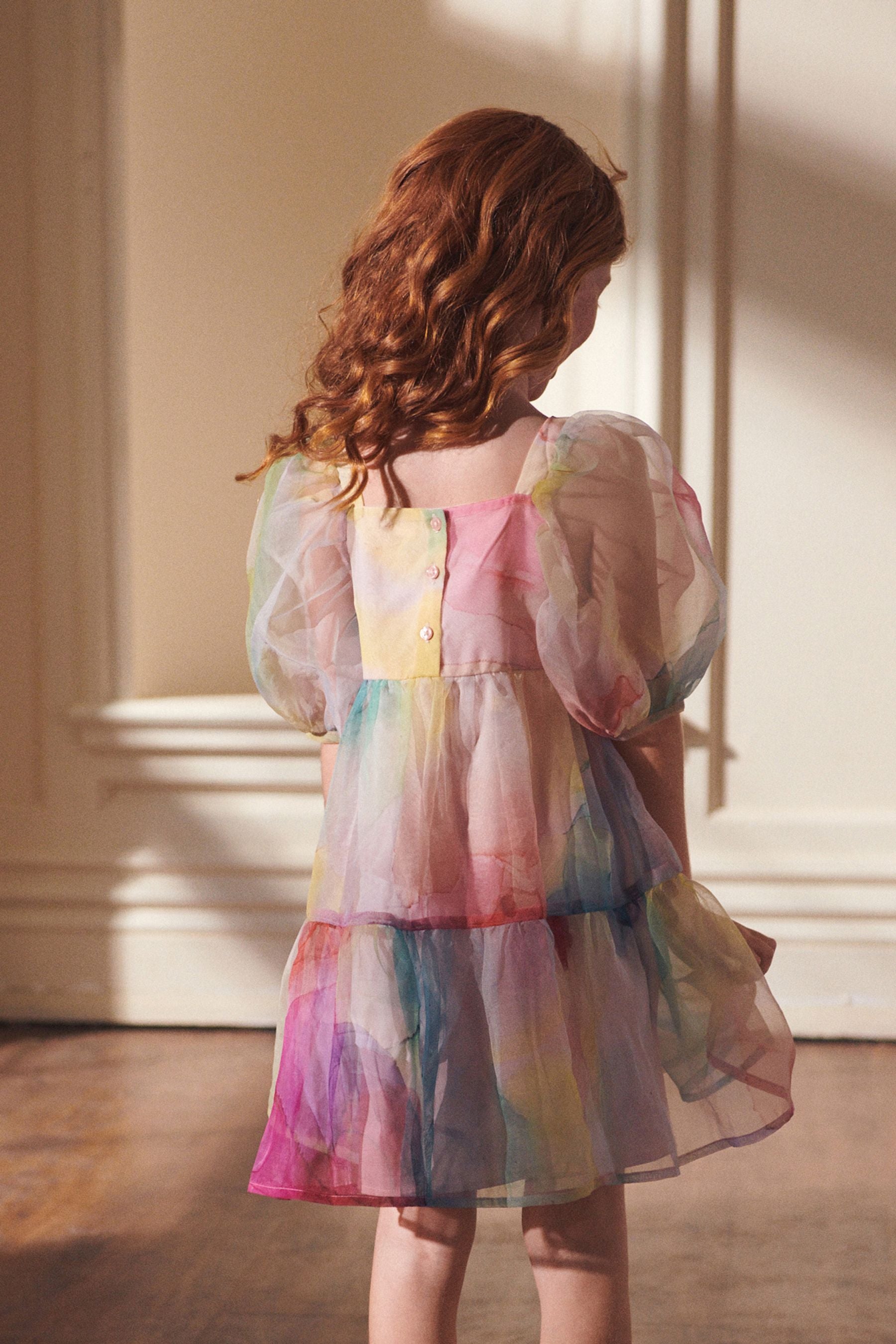 Rainbow Watercolour Tiered Organza Dress (3-16yrs)