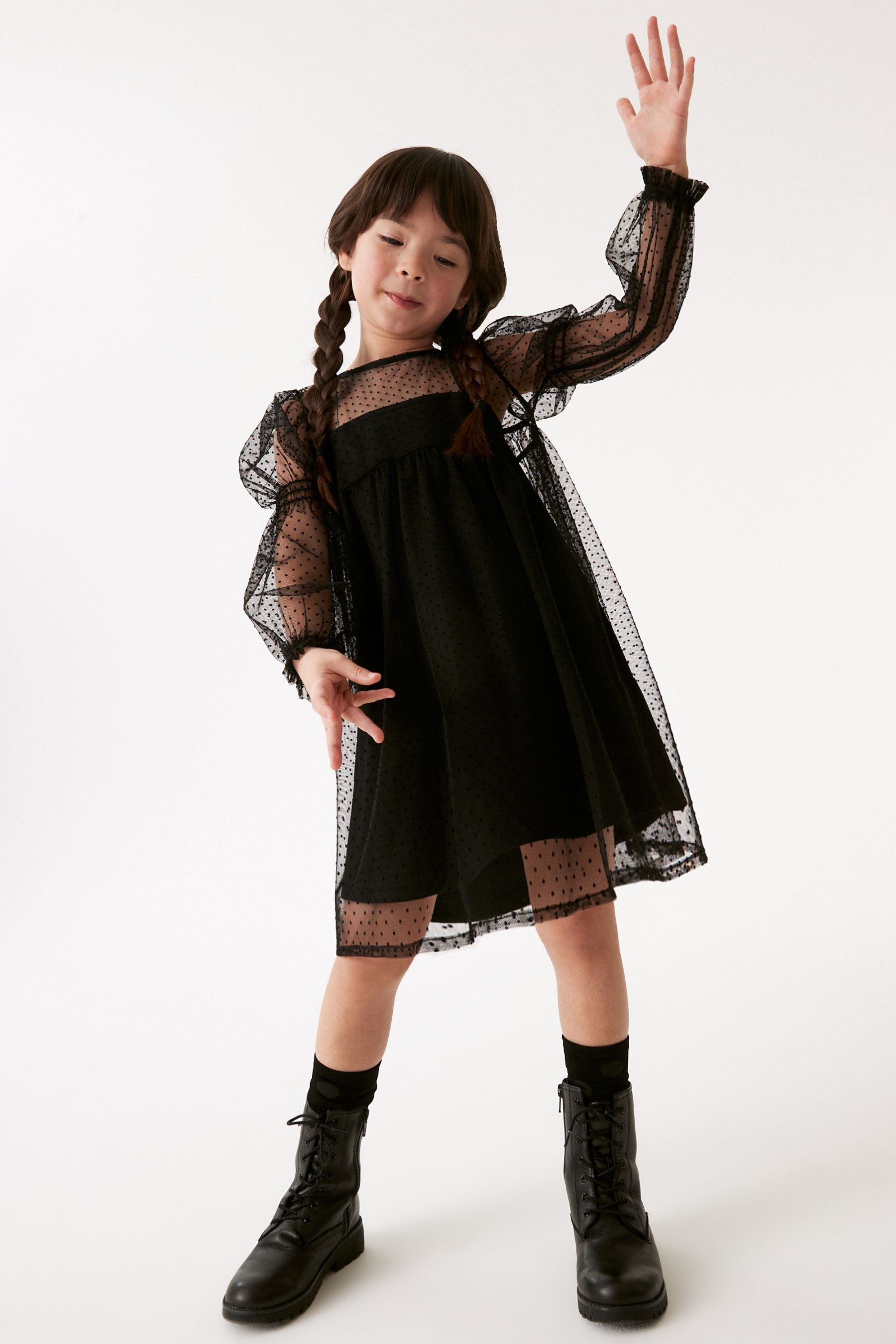 Black Shirred Mesh Dress (3-16yrs)