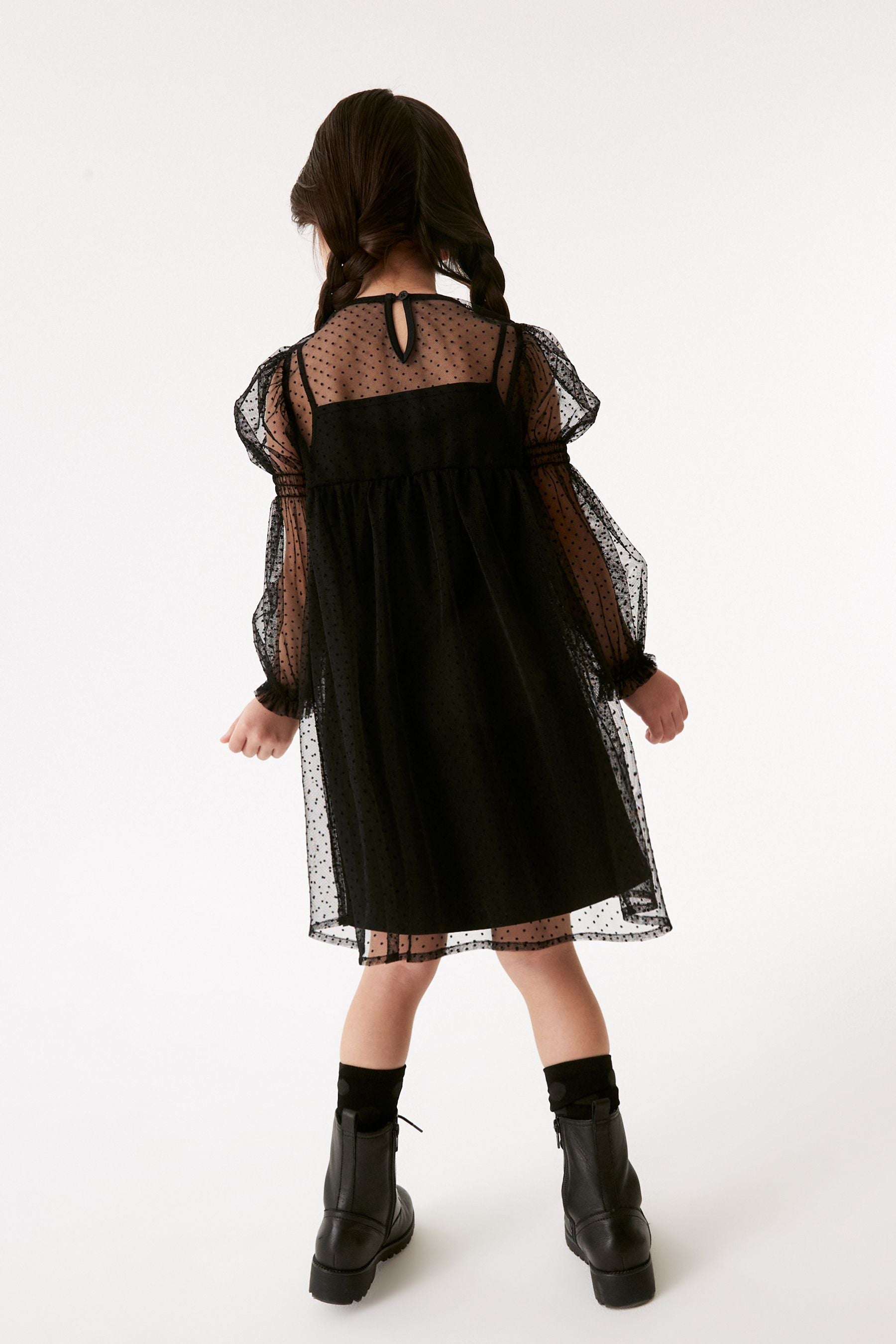 Black Shirred Mesh Dress (3-16yrs)