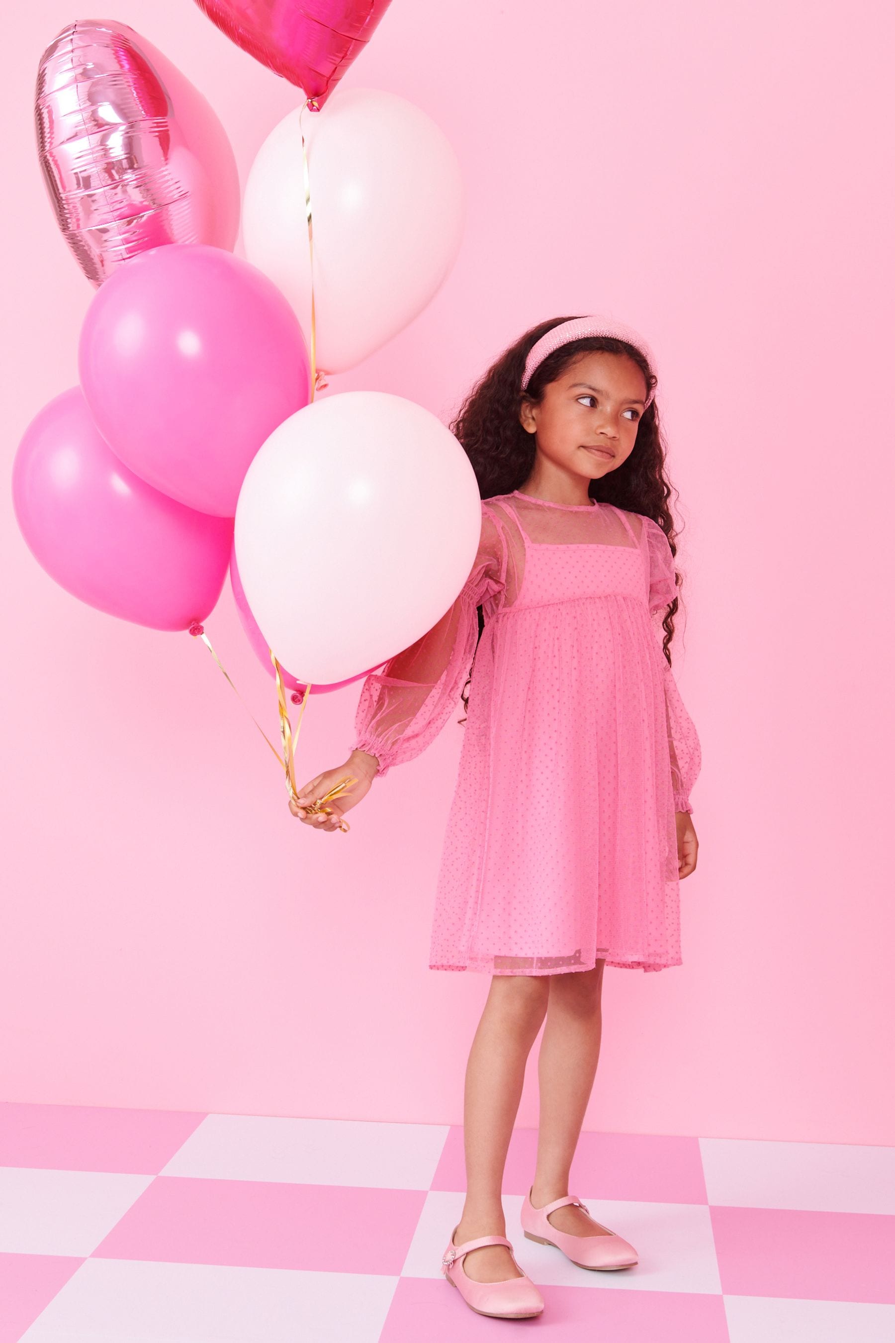 Pink Shirred Mesh Dress (3-16yrs)