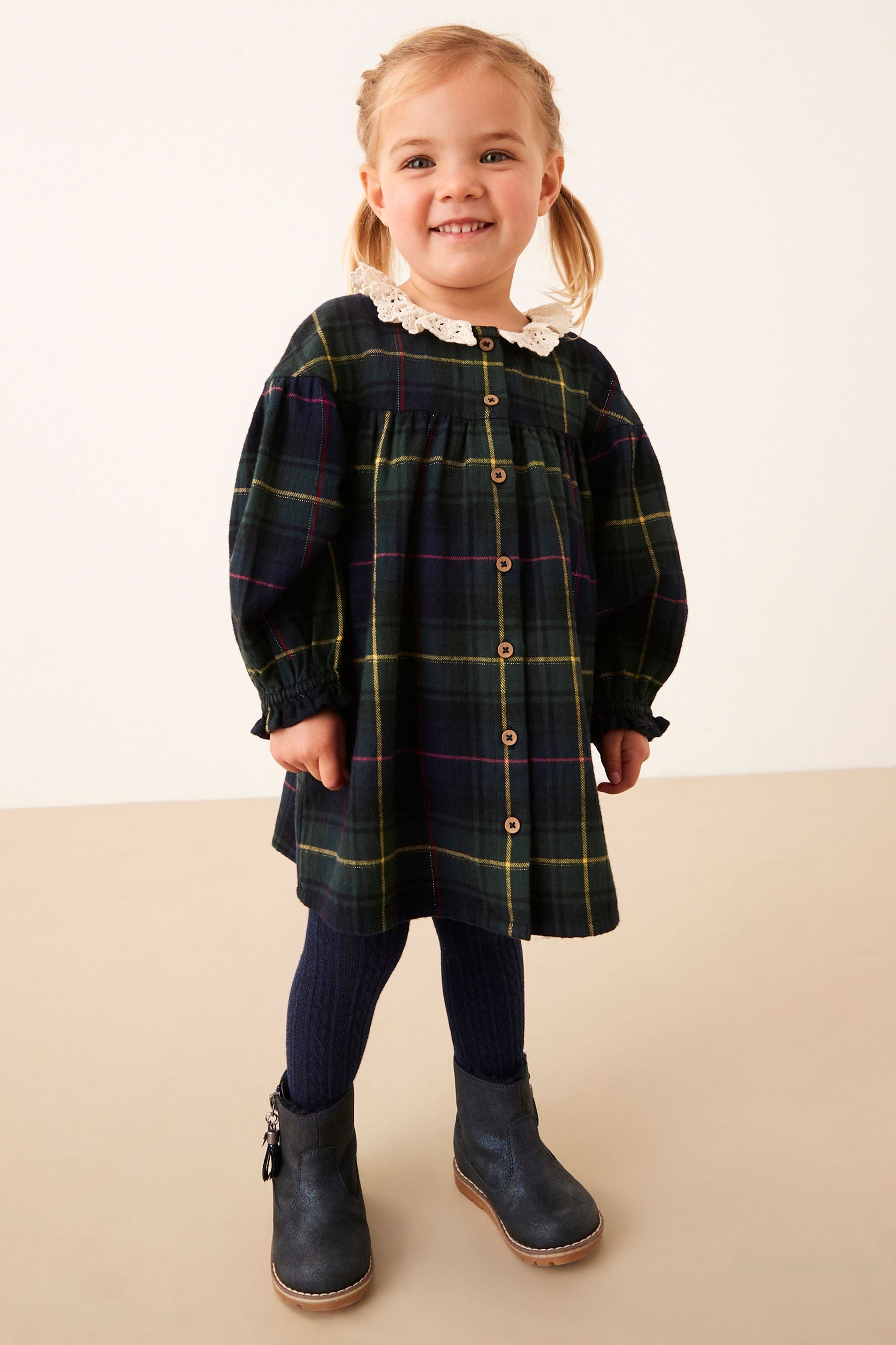 Green/Blue Check Lace Collar Dress (3mths-8yrs)