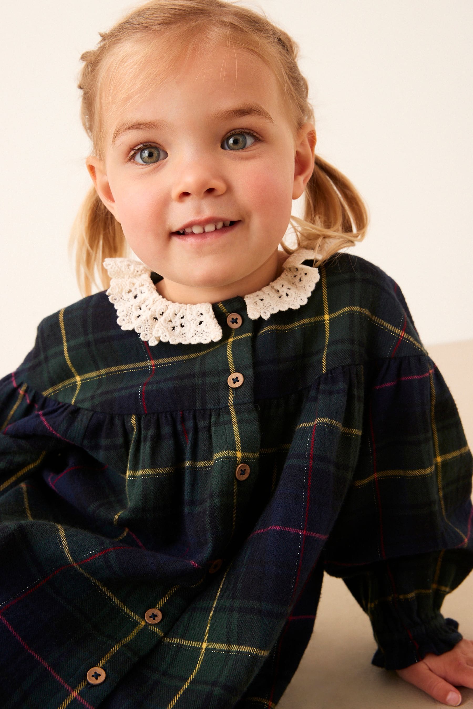 Green/Blue Check Lace Collar Dress (3mths-8yrs)