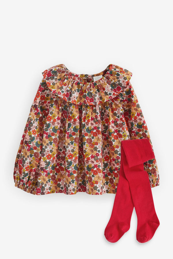 Berry Red Printed Cotton Ruffle Blouse (3mths-7yrs)