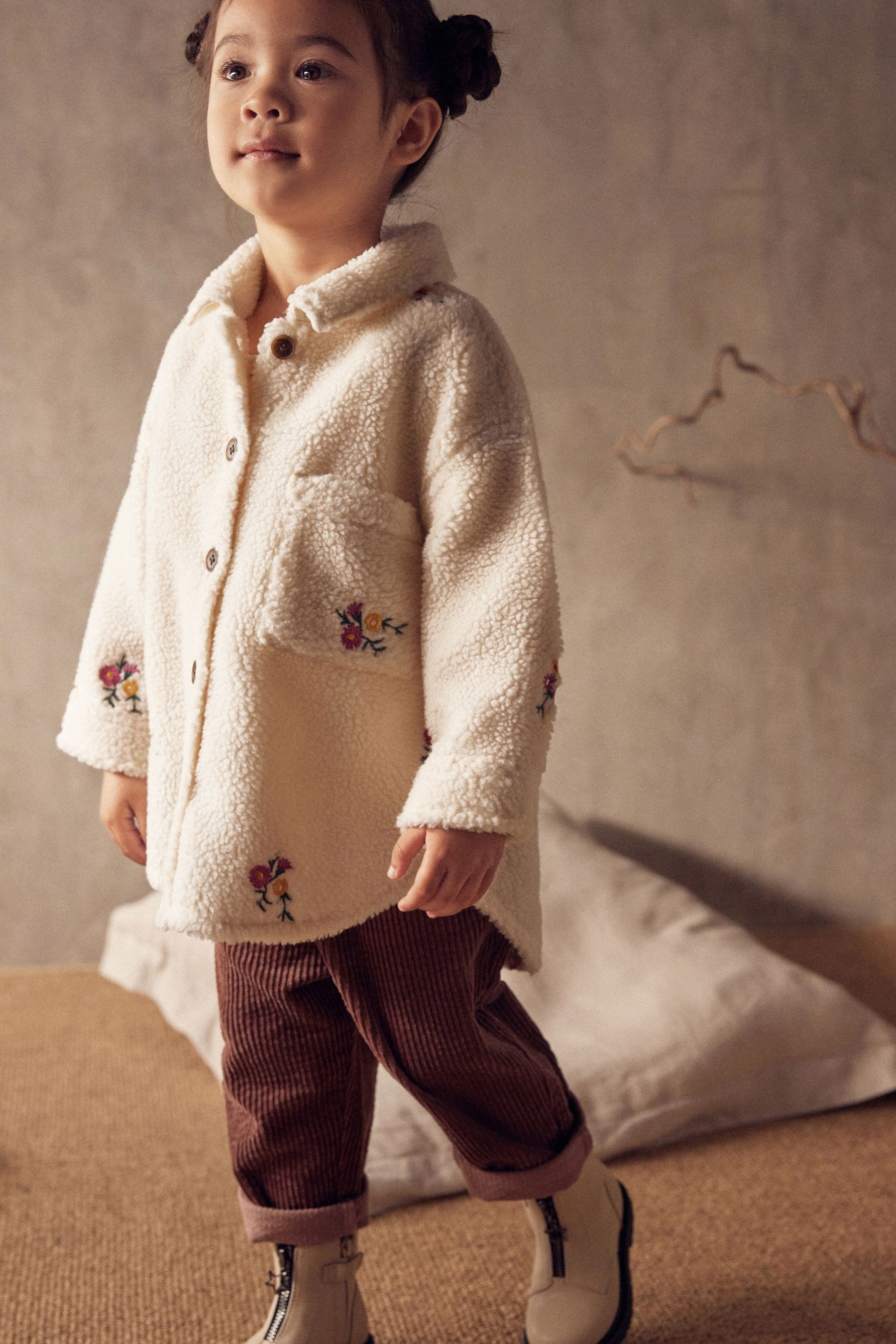 Cream Embroidered Teddy Borg Fleece Shacket (9mths-7yrs)