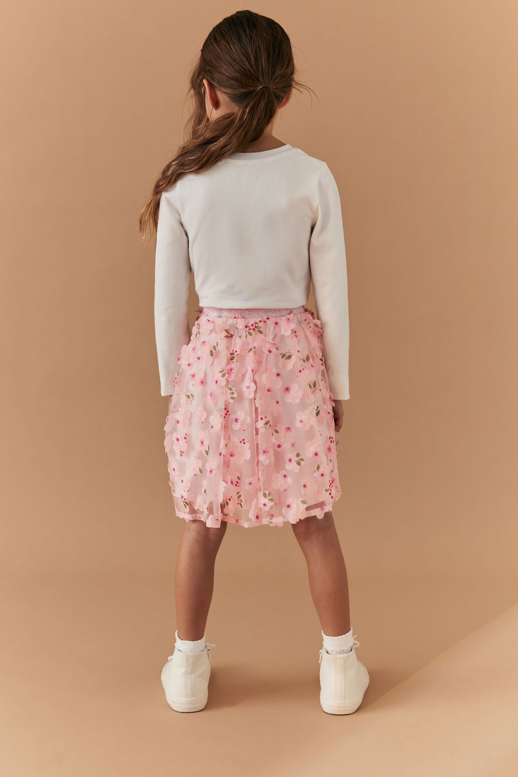 Blush Pink 3D Floral Pull-On Skirt (3-16yrs)