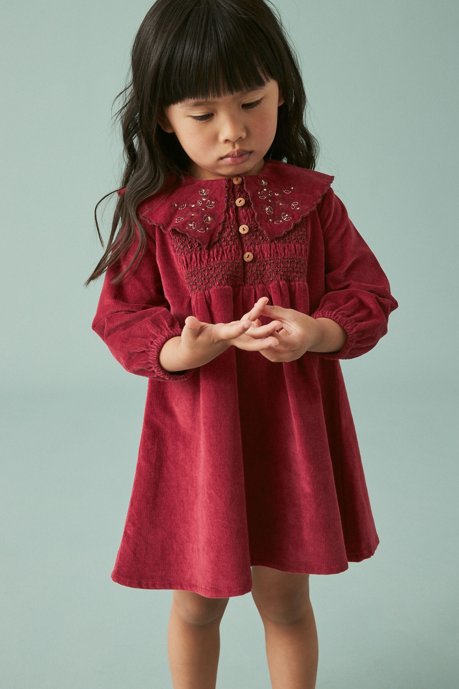 Berry Red Embroidered Collar Corduroy Dress (3mths-7yrs)