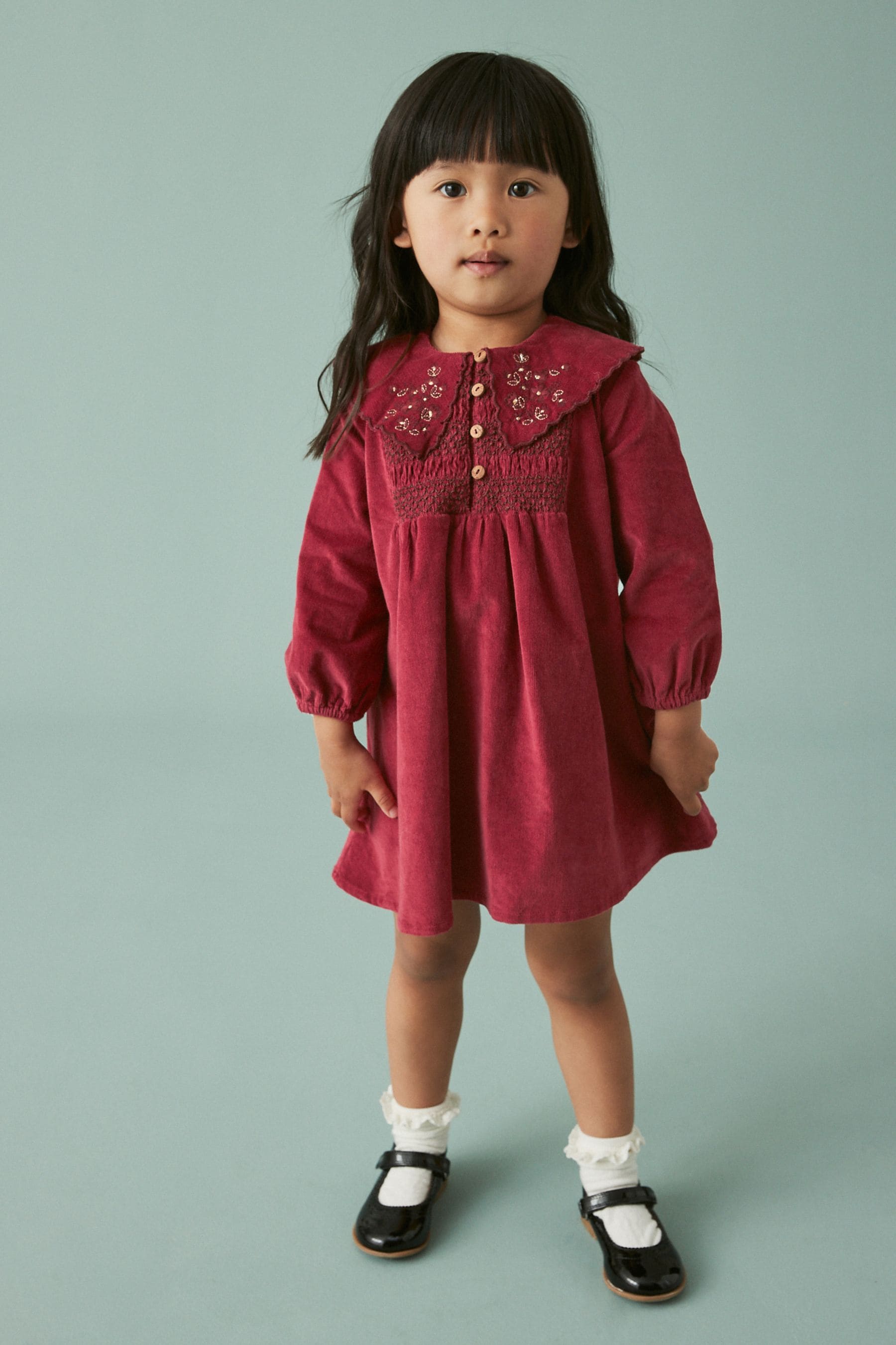 Berry Red Embroidered Collar Corduroy Dress (3mths-7yrs)