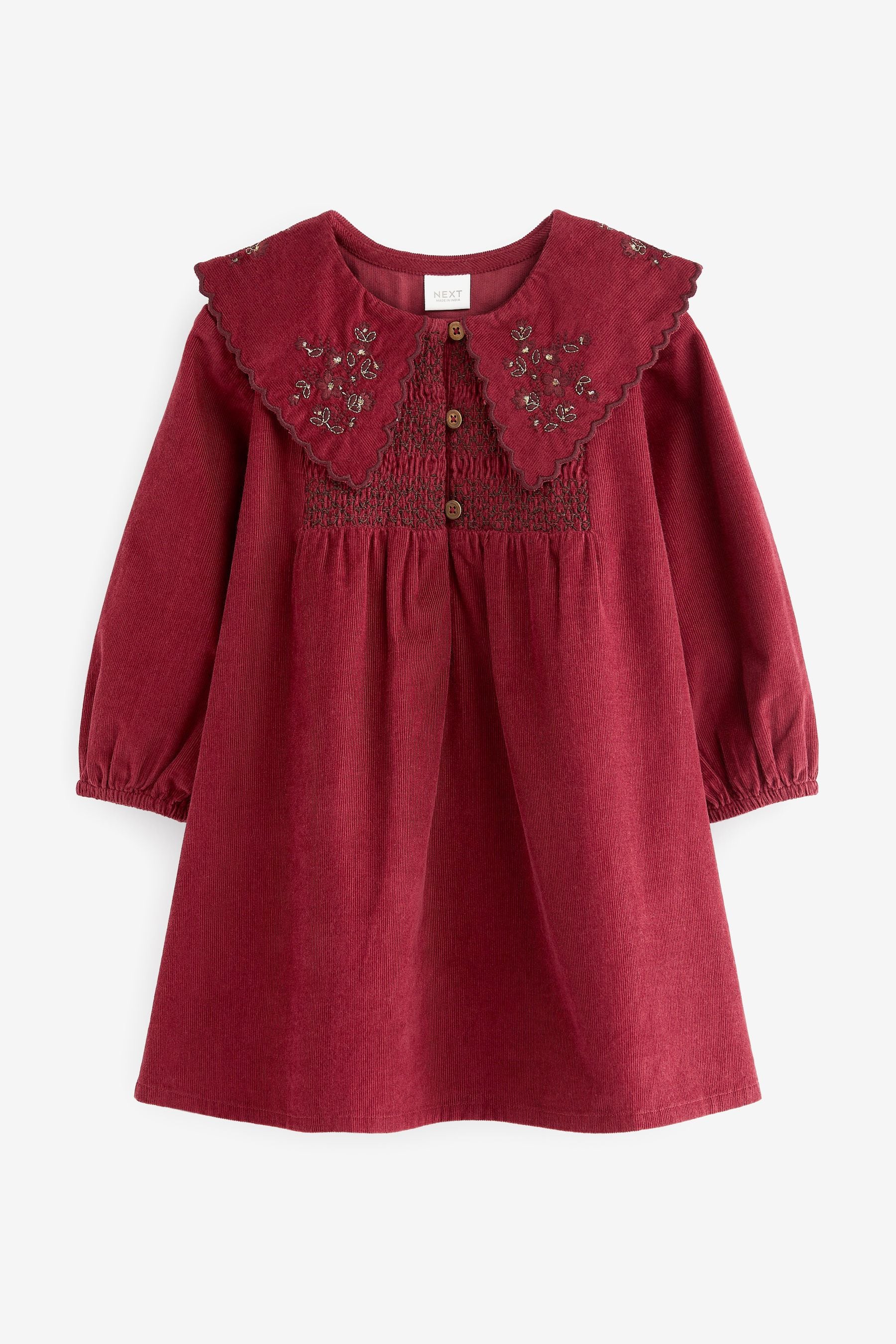 Berry Red Embroidered Collar Corduroy Dress (3mths-7yrs)