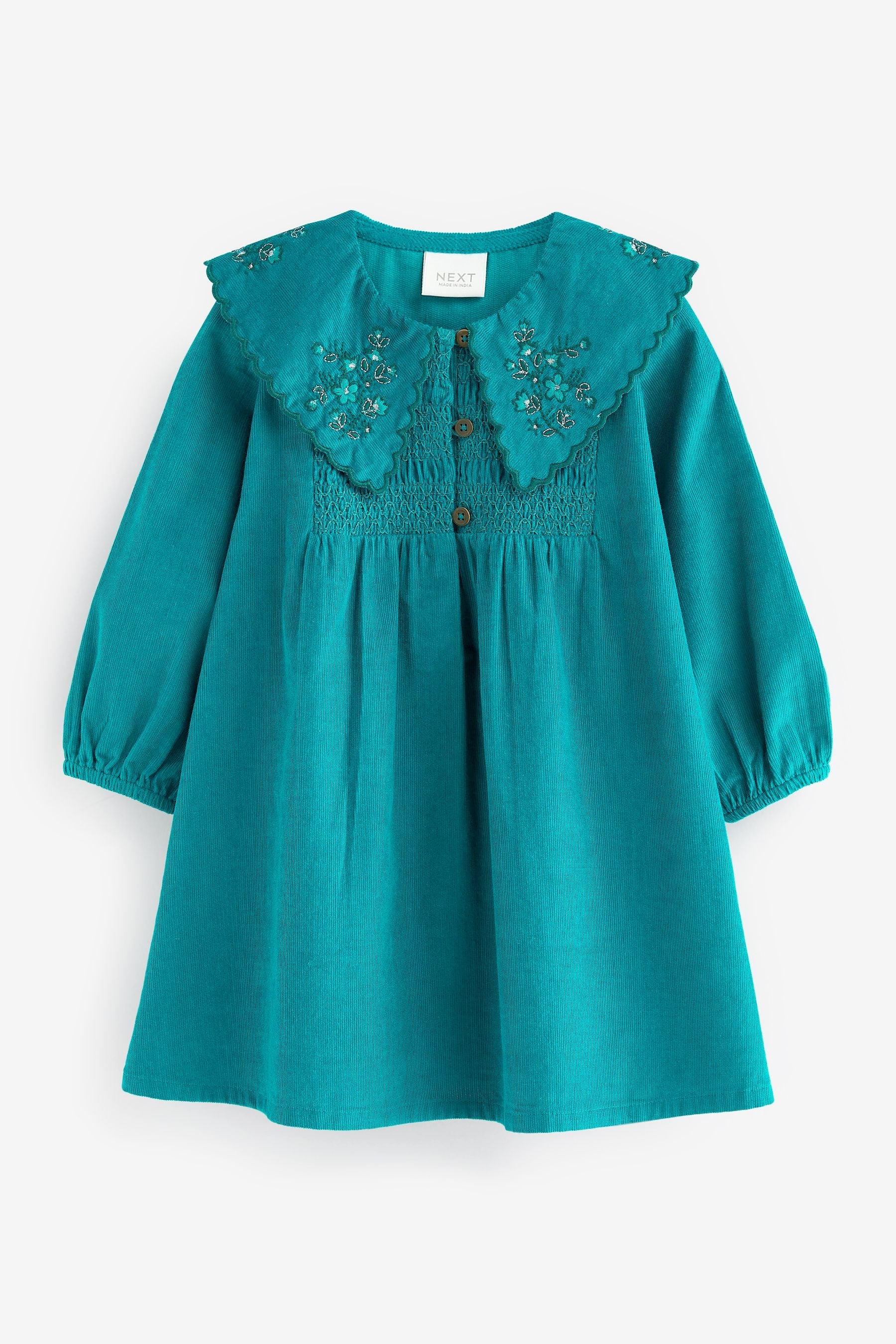 Teal Green Embroidered Collar Corduroy Dress (3mths-7yrs)