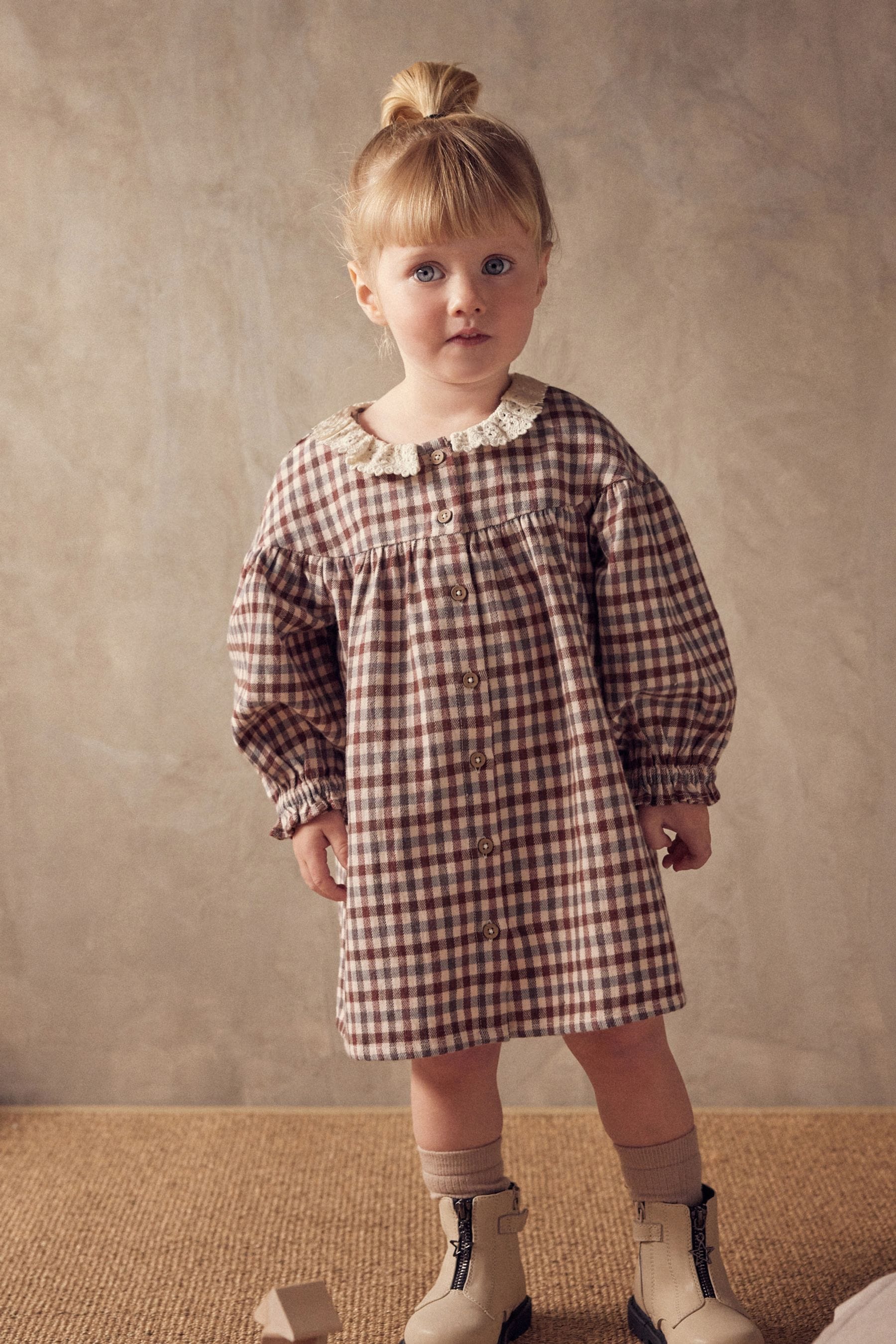 Beige Check Lace Collar Dress (3mths-8yrs)