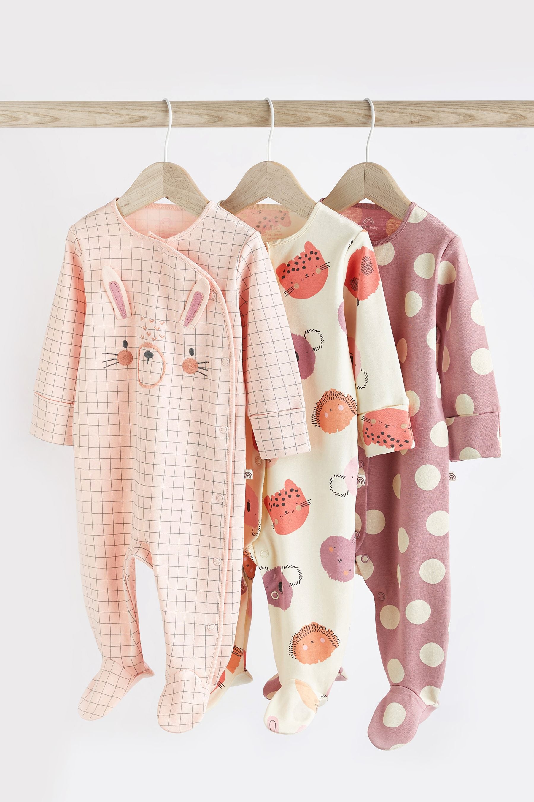 Pink Cotton Baby Sleepsuits 3 Pack (0-2yrs)