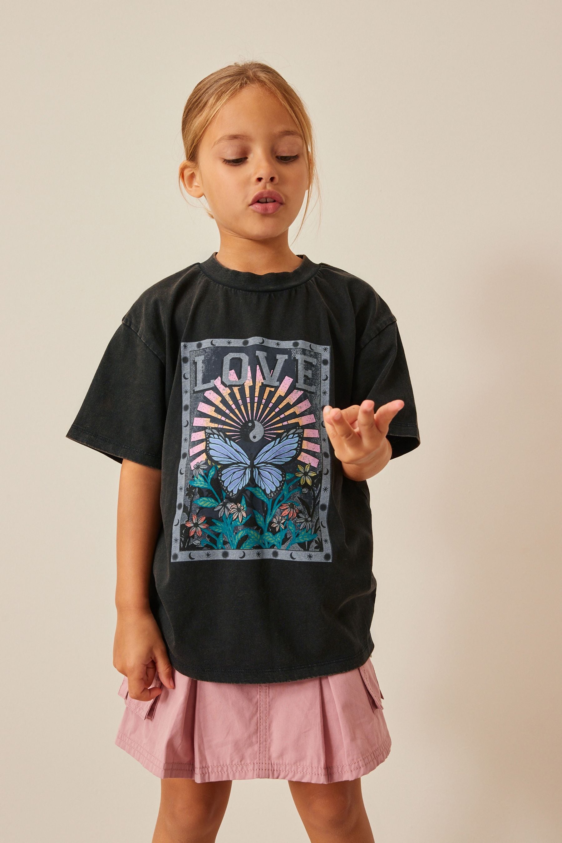 Black Butterfly Acid Wash Graphic T-Shirt (3-16yrs)