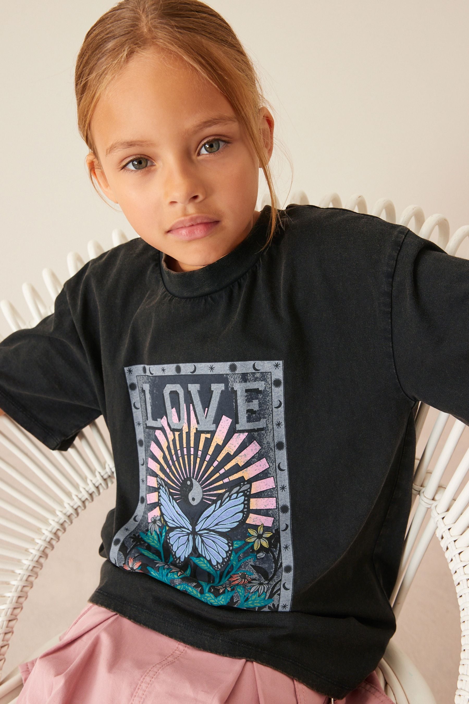 Black Butterfly Acid Wash Graphic T-Shirt (3-16yrs)