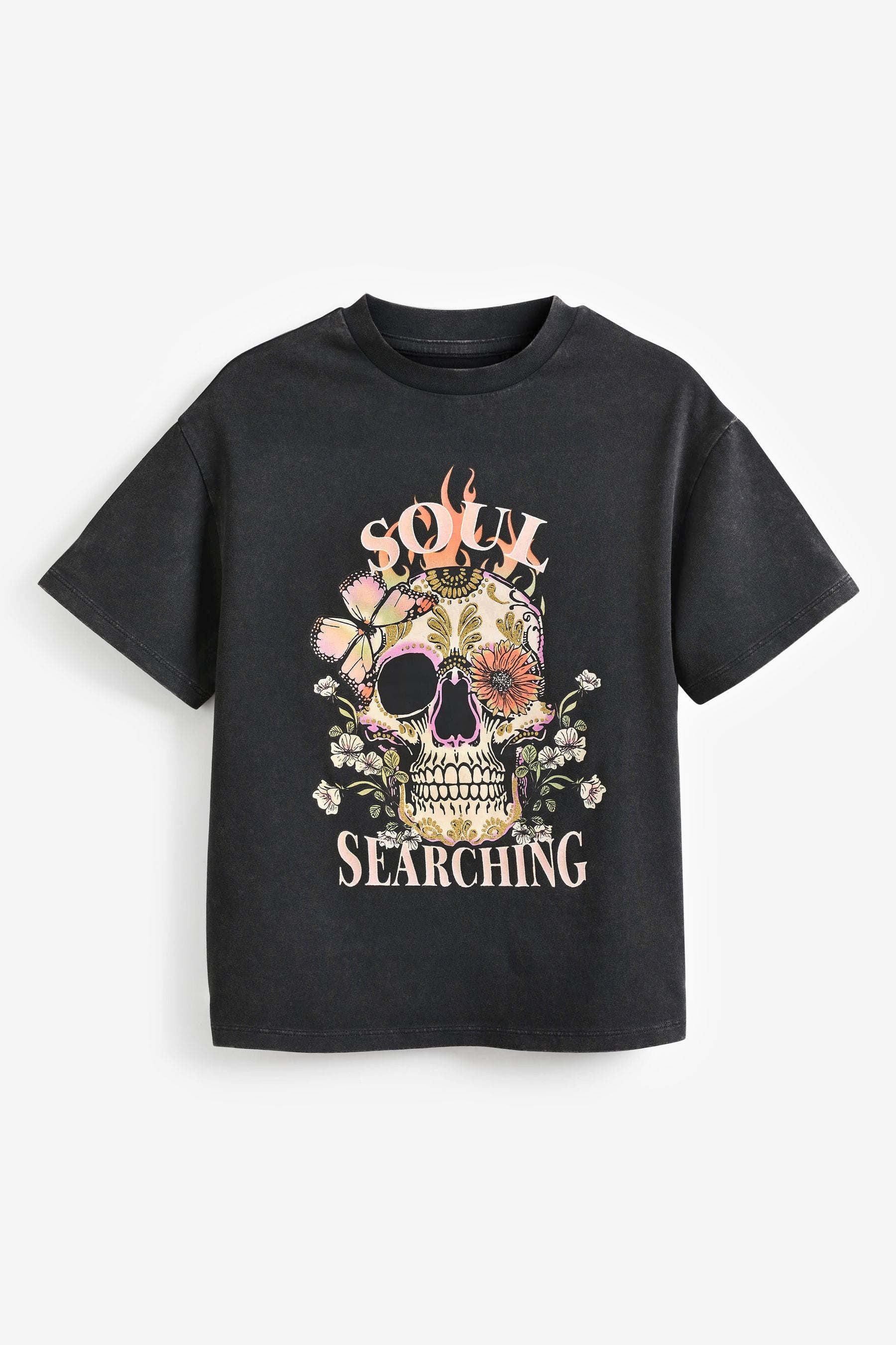 Charcoal Grey Skull Acid Wash Graphic T-Shirt (3-16yrs)