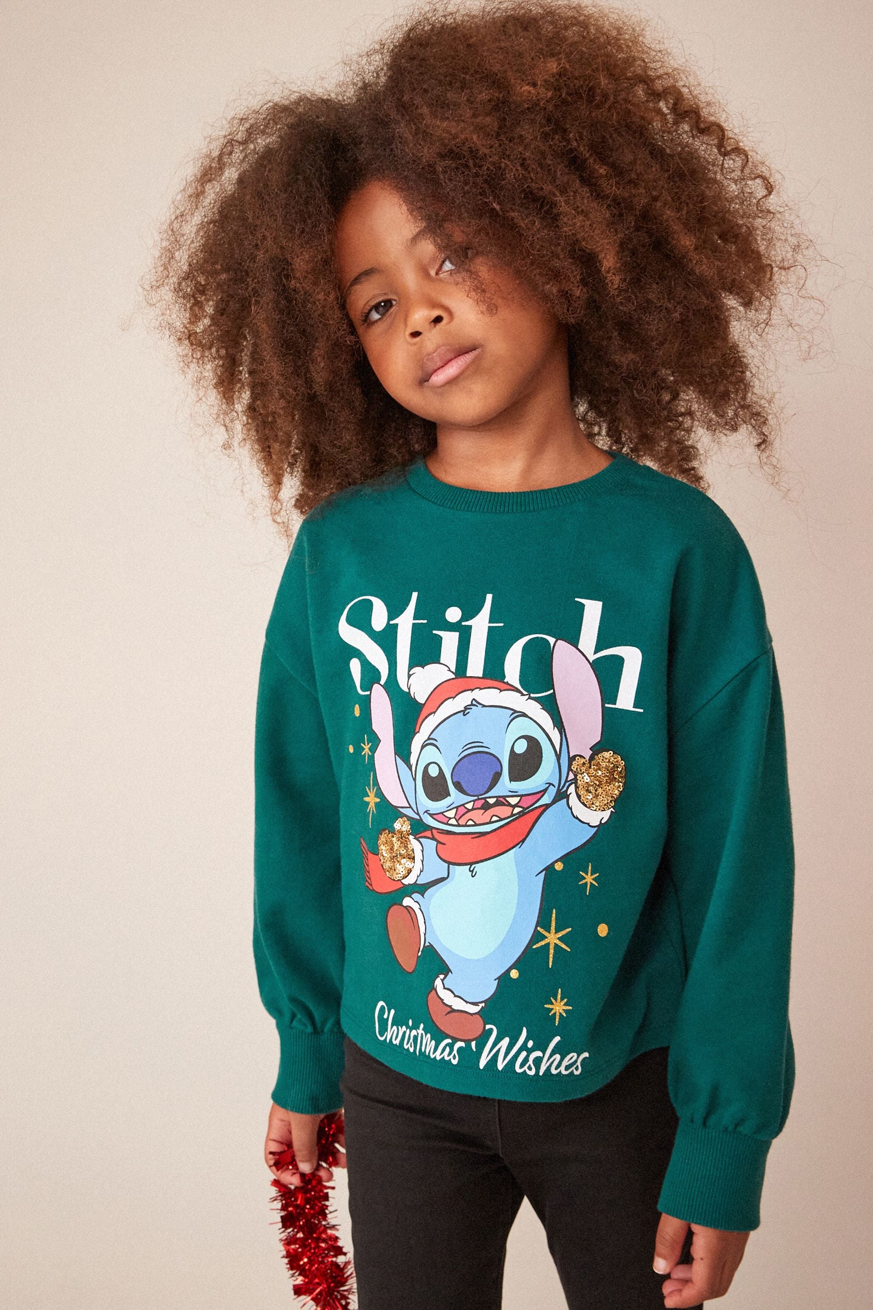 Green Lilo & Stitch Christmas Sequin Long Sleeve T-Shirt (3-16yrs)