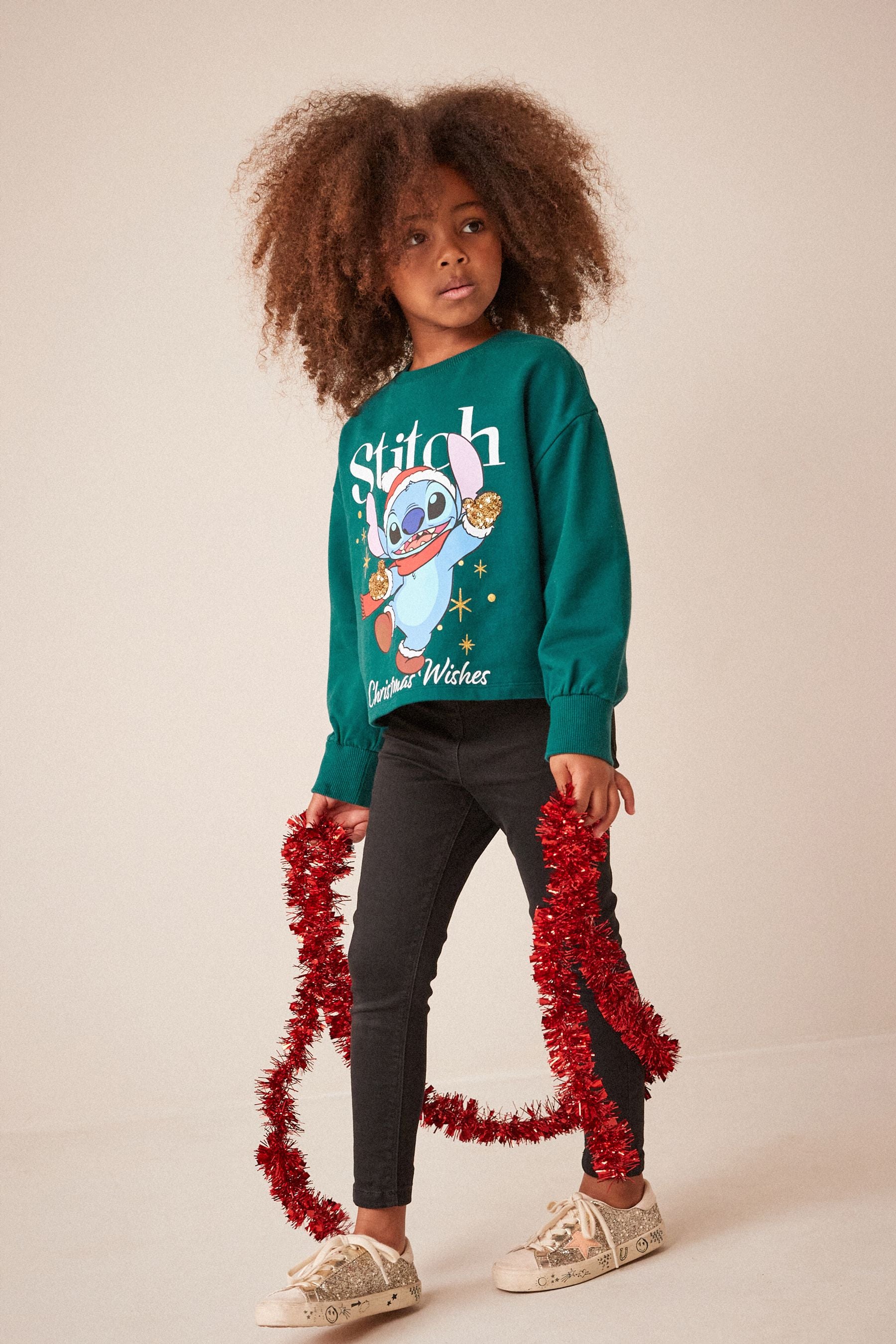 Green Lilo & Stitch Christmas Sequin Long Sleeve T-Shirt (3-16yrs)