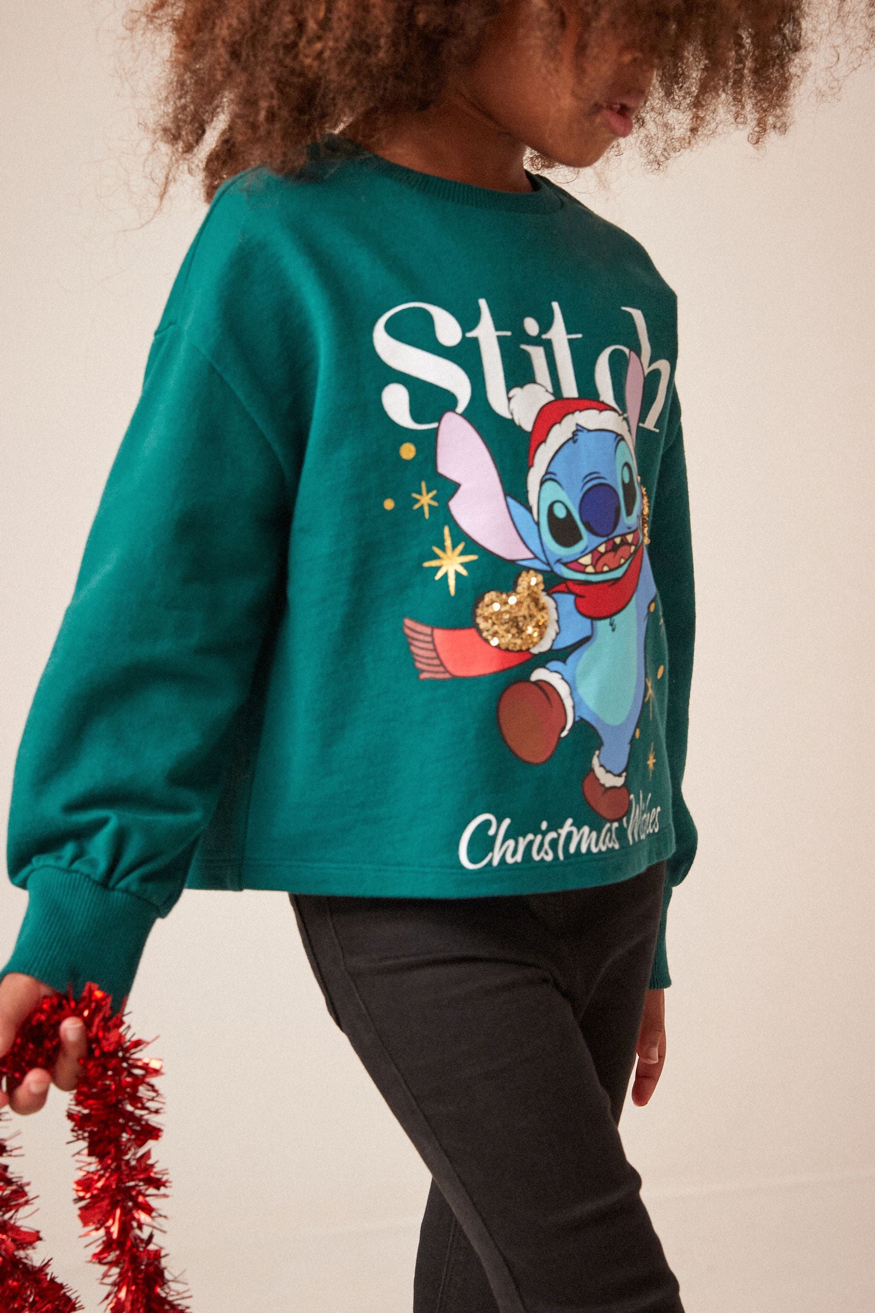 Green Lilo & Stitch Christmas Sequin Long Sleeve T-Shirt (3-16yrs)