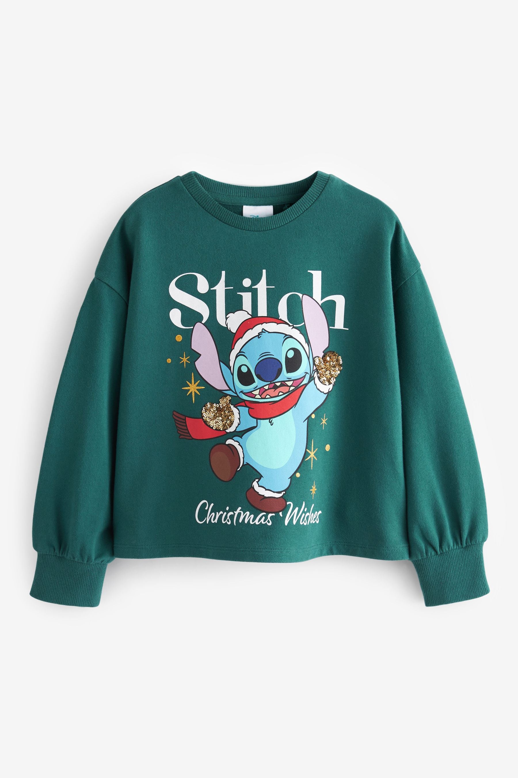 Green Lilo & Stitch Christmas Sequin Long Sleeve T-Shirt (3-16yrs)