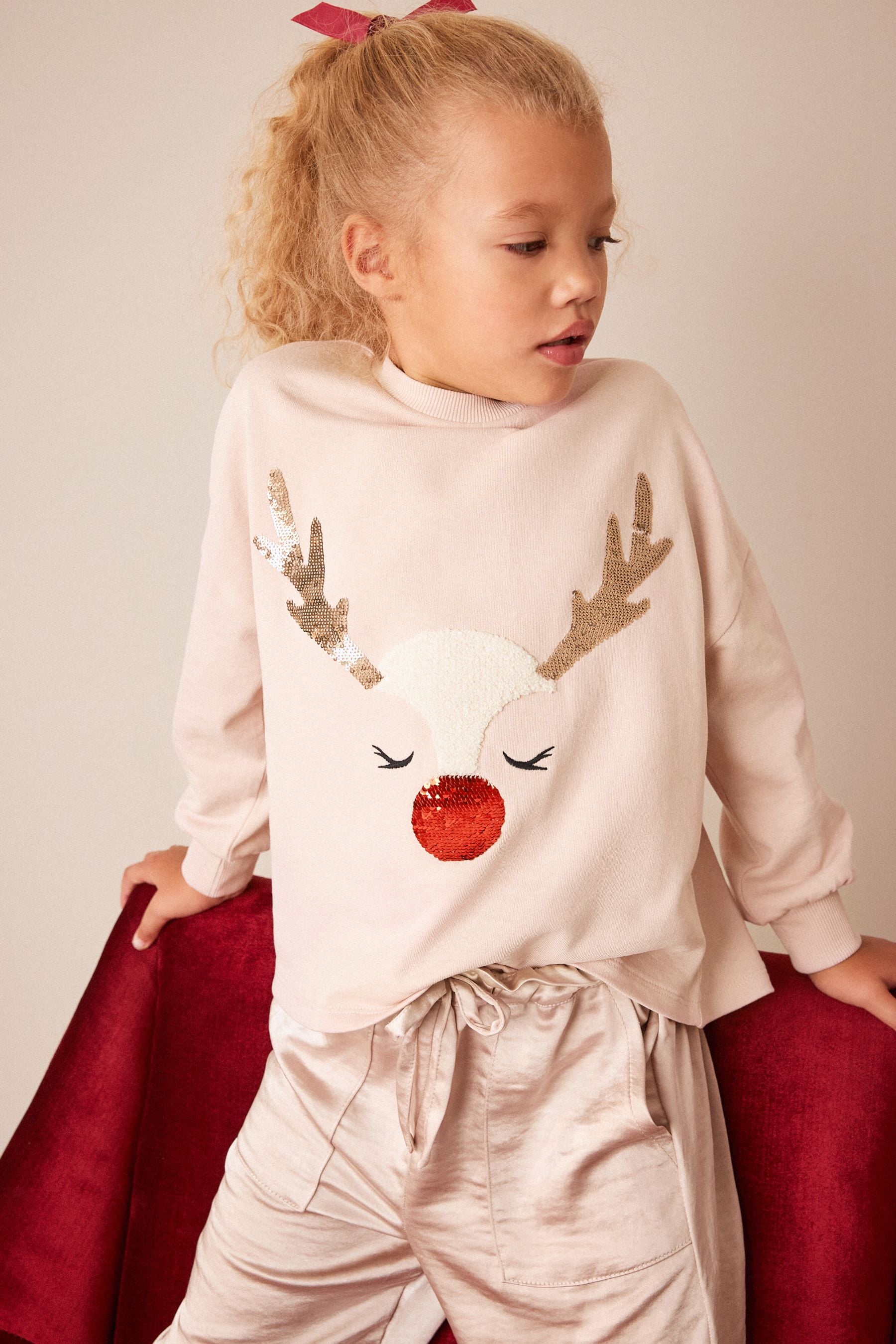 Pink Reindeer Sequin Christmas Long Sleeve T-Shirt (3-16yrs)