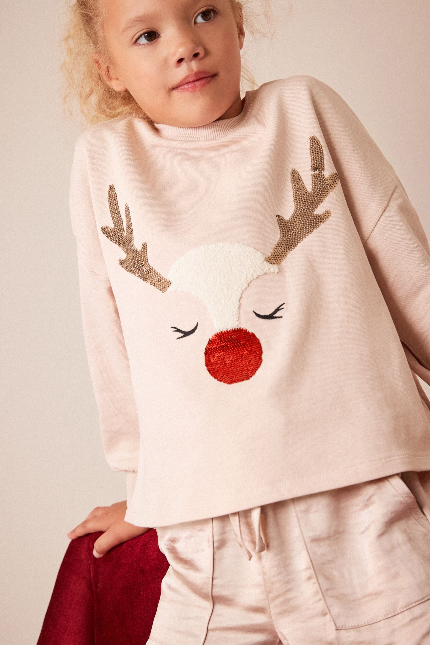 Pink Reindeer Sequin Christmas Long Sleeve T-Shirt (3-16yrs)