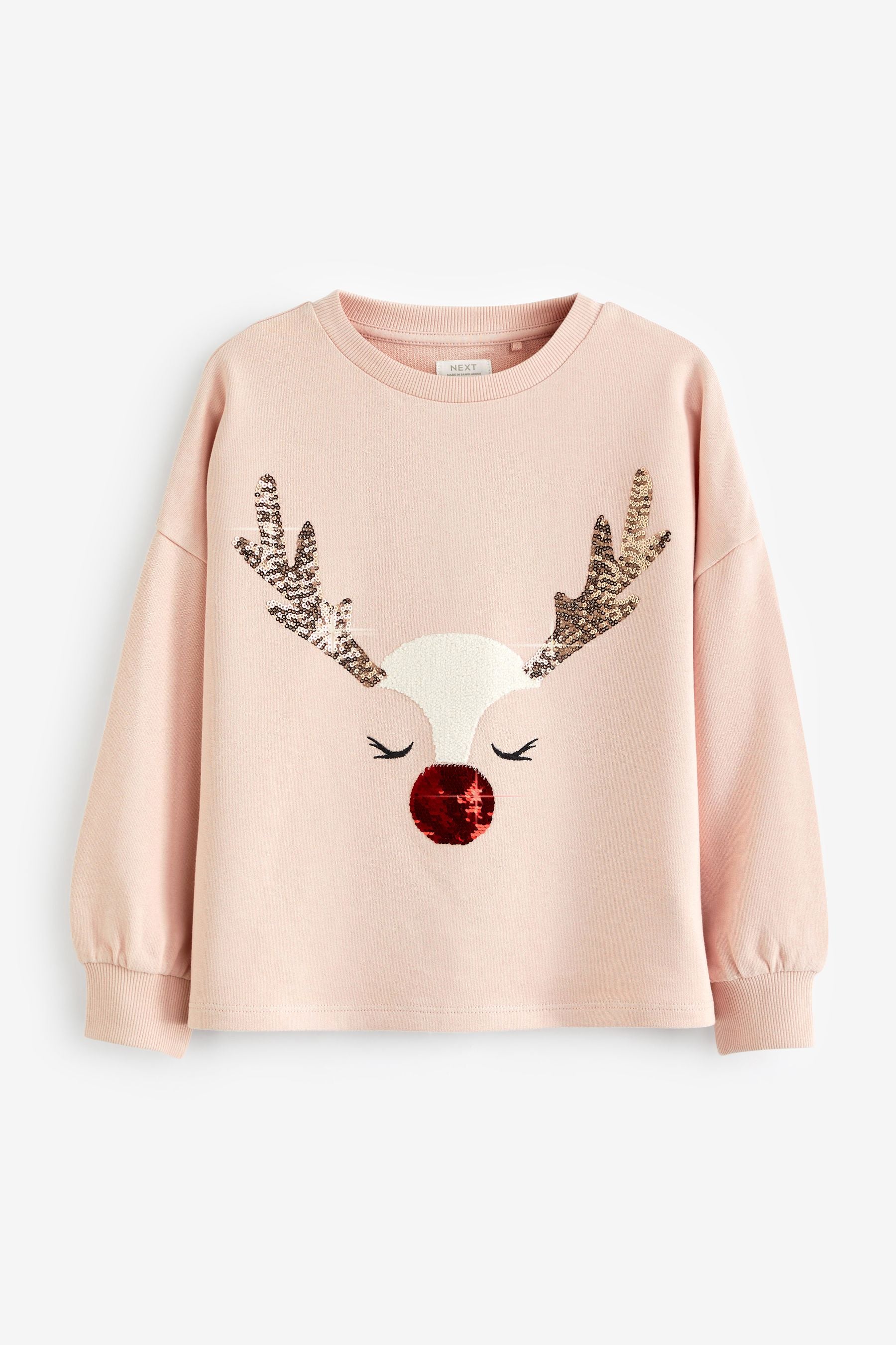 Pink Reindeer Sequin Christmas Long Sleeve T-Shirt (3-16yrs)