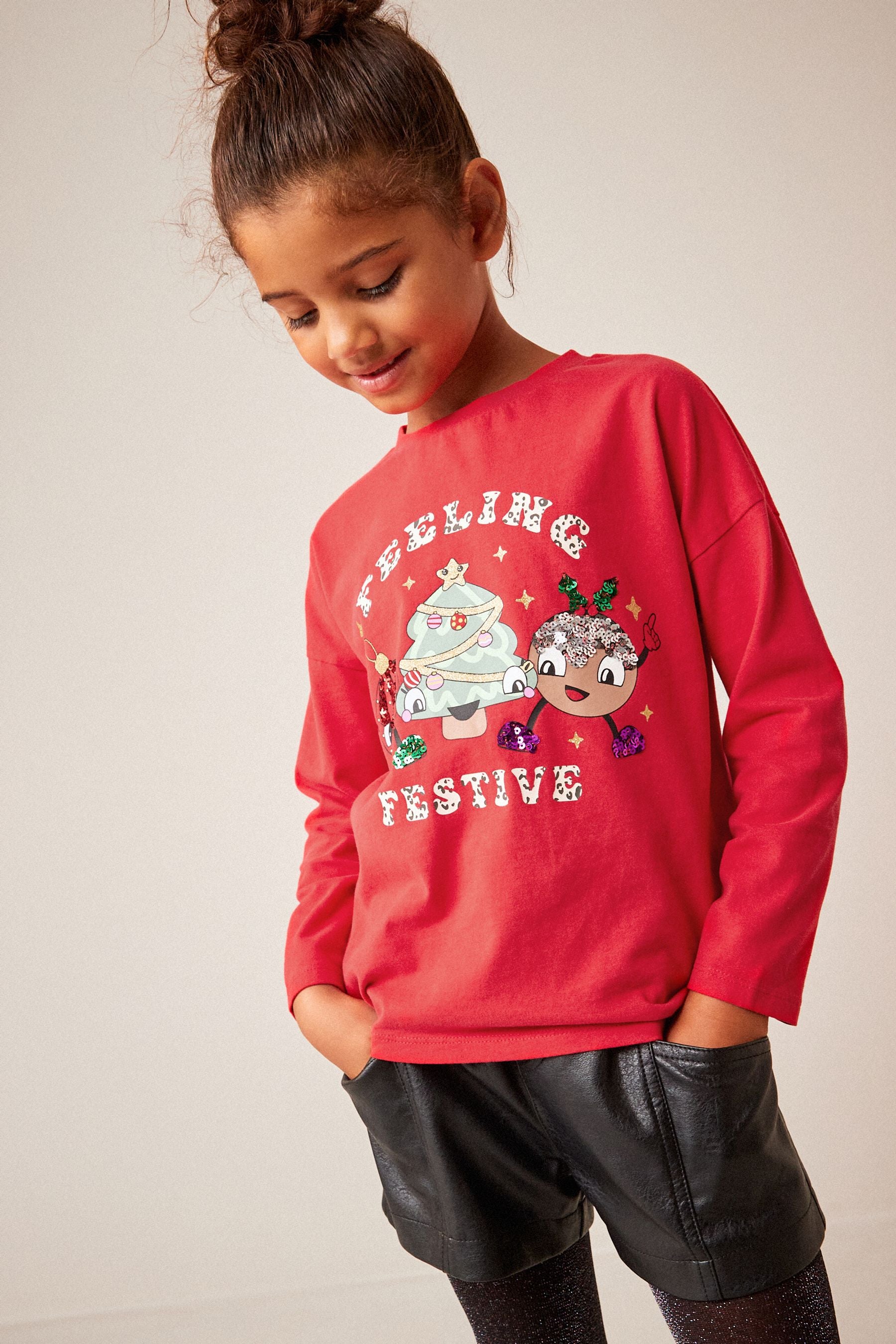 Red Novelty Character Sequin Christmas Long Sleeve T-Shirt (3-16yrs)