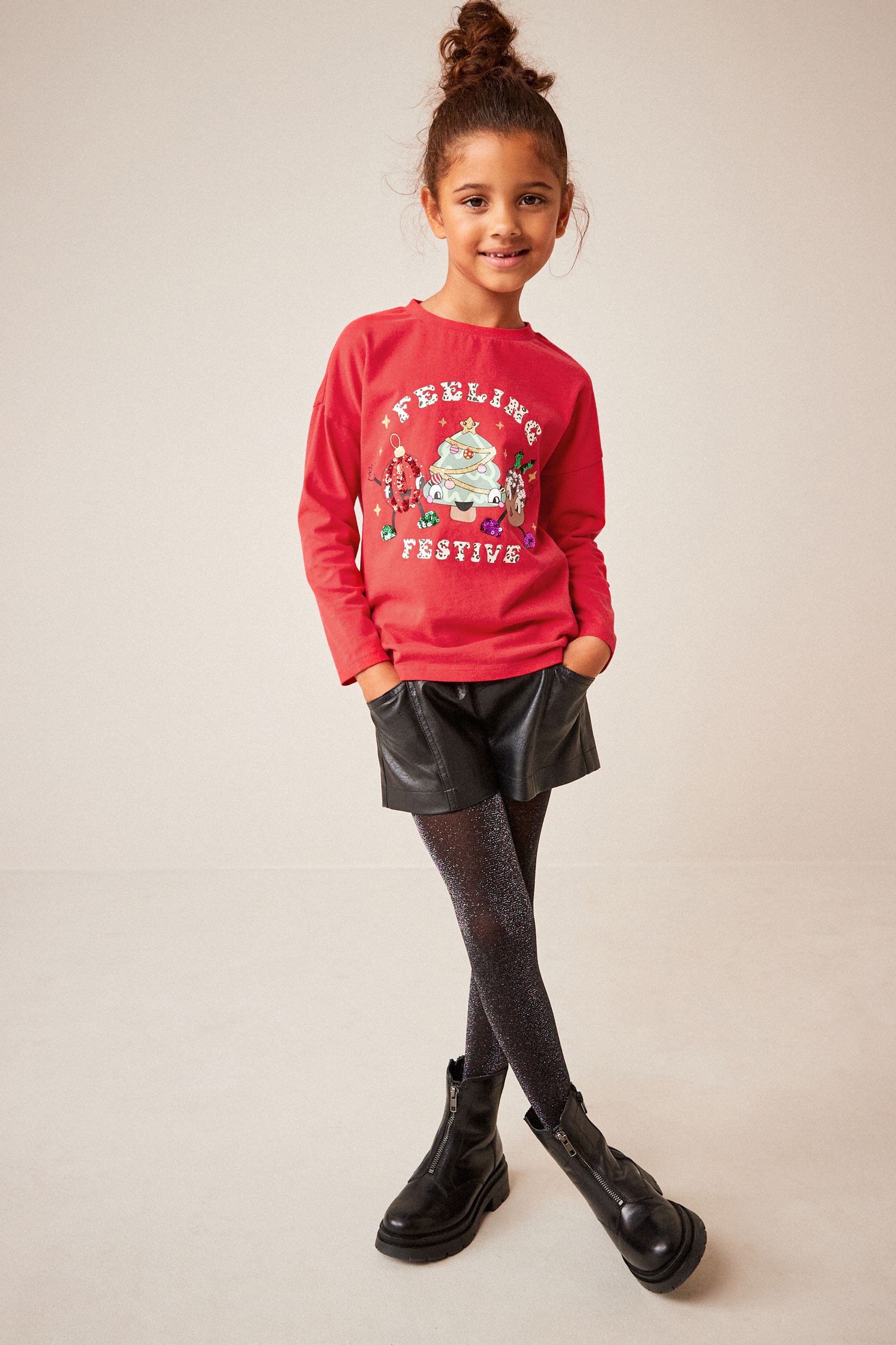 Red Novelty Character Sequin Christmas Long Sleeve T-Shirt (3-16yrs)