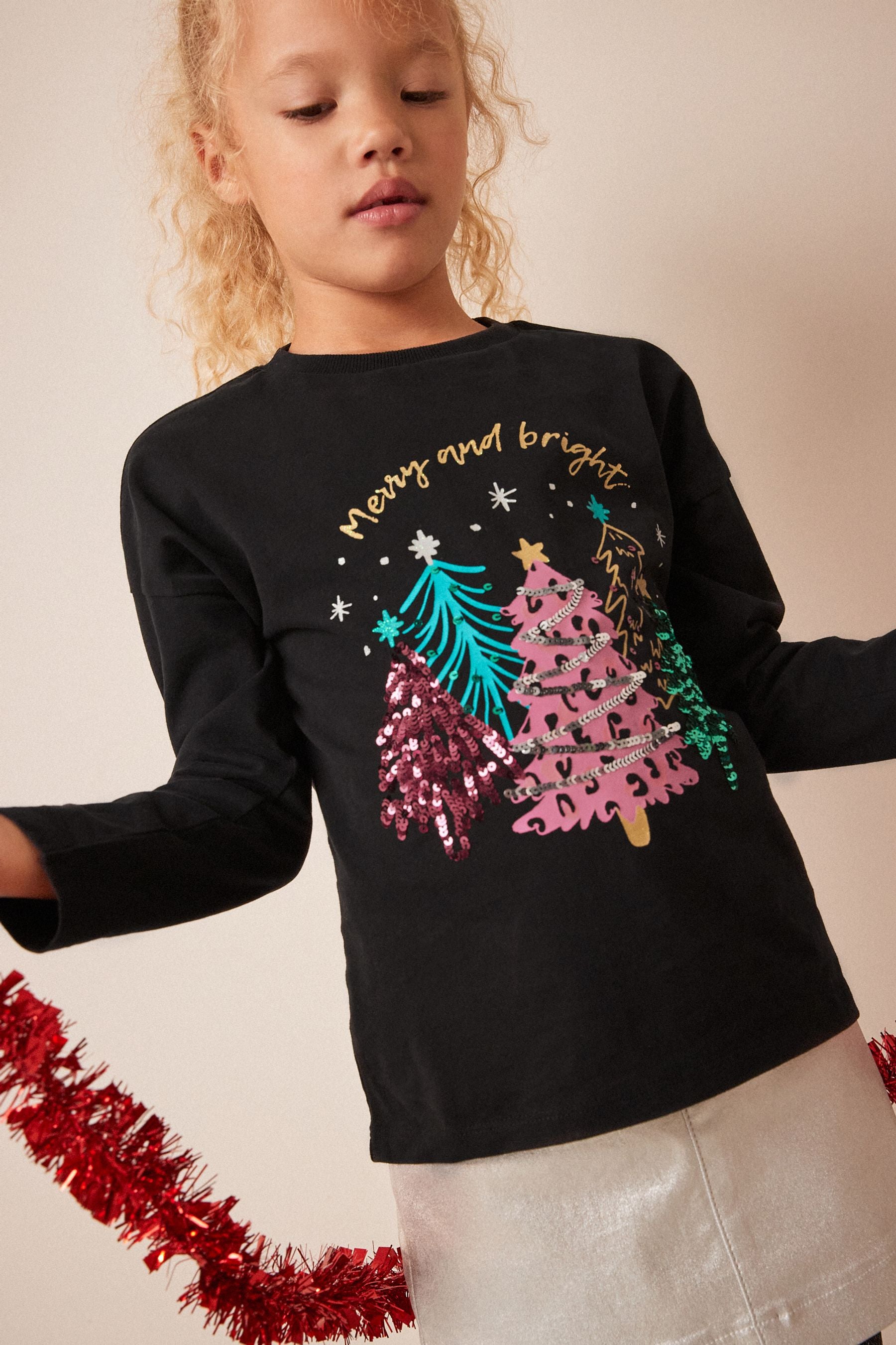 Black Sequin Christmas Long Sleeve T-Shirt (3-16yrs)