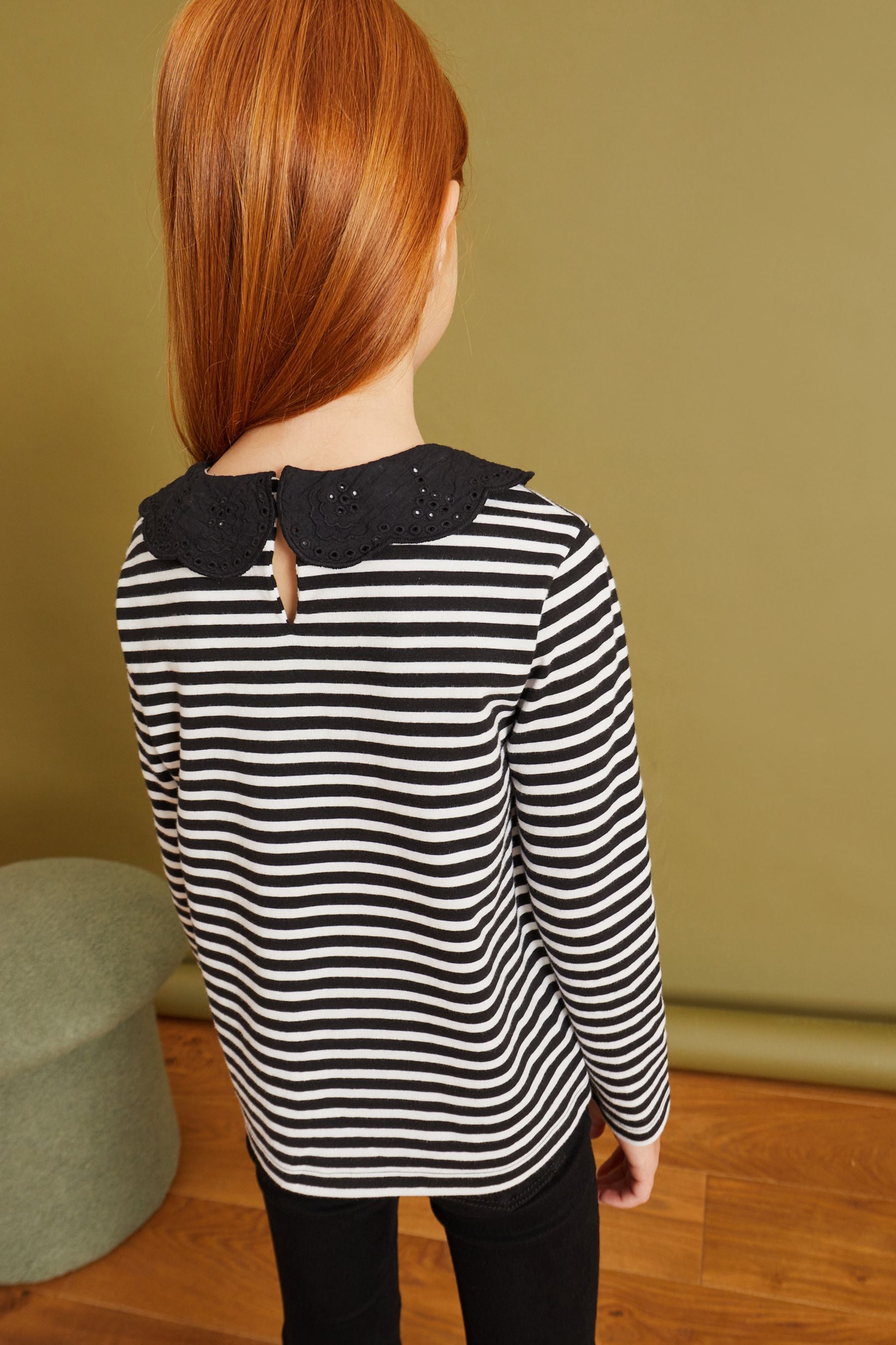 Black/White Stripe Broderie Collar Long Sleeve T-Shirt (3-16yrs)