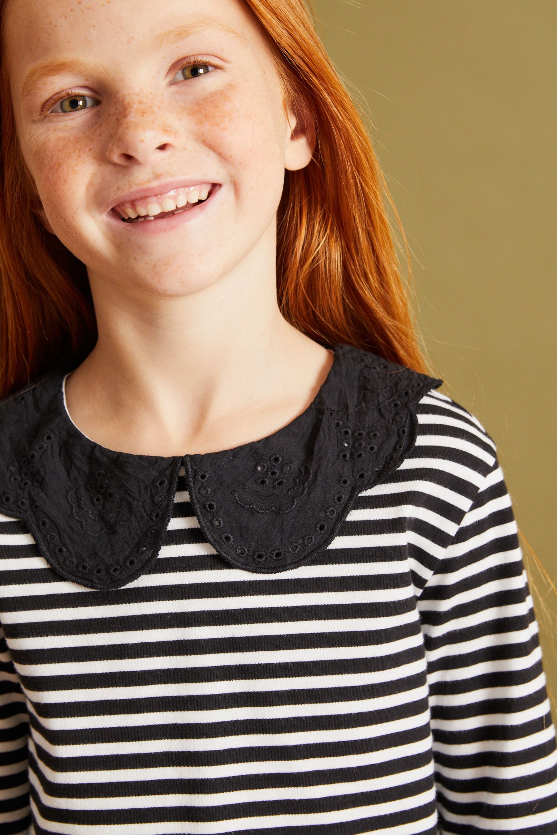 Black/White Stripe Broderie Collar Long Sleeve T-Shirt (3-16yrs)