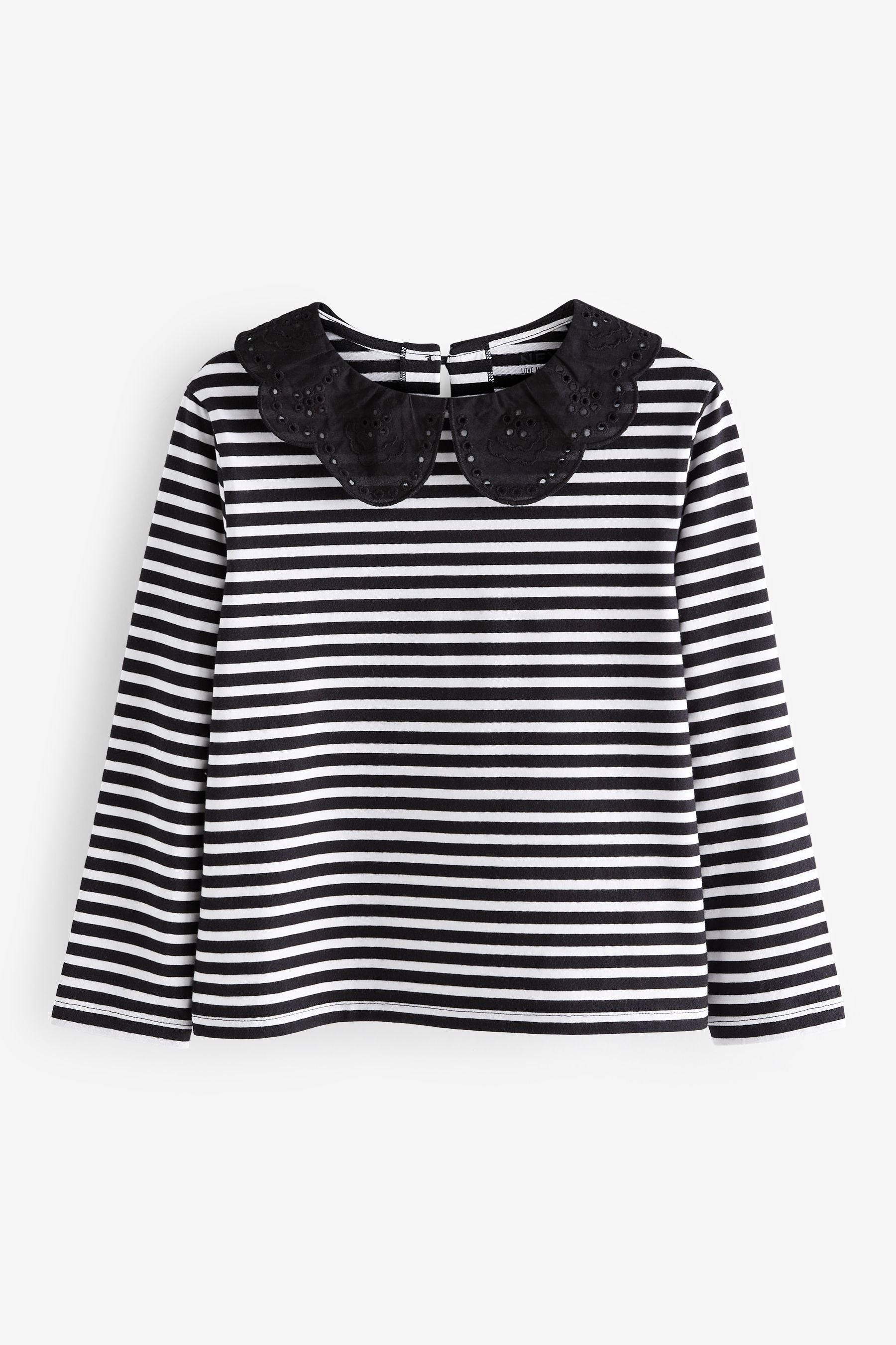 Black/White Stripe Broderie Collar Long Sleeve T-Shirt (3-16yrs)