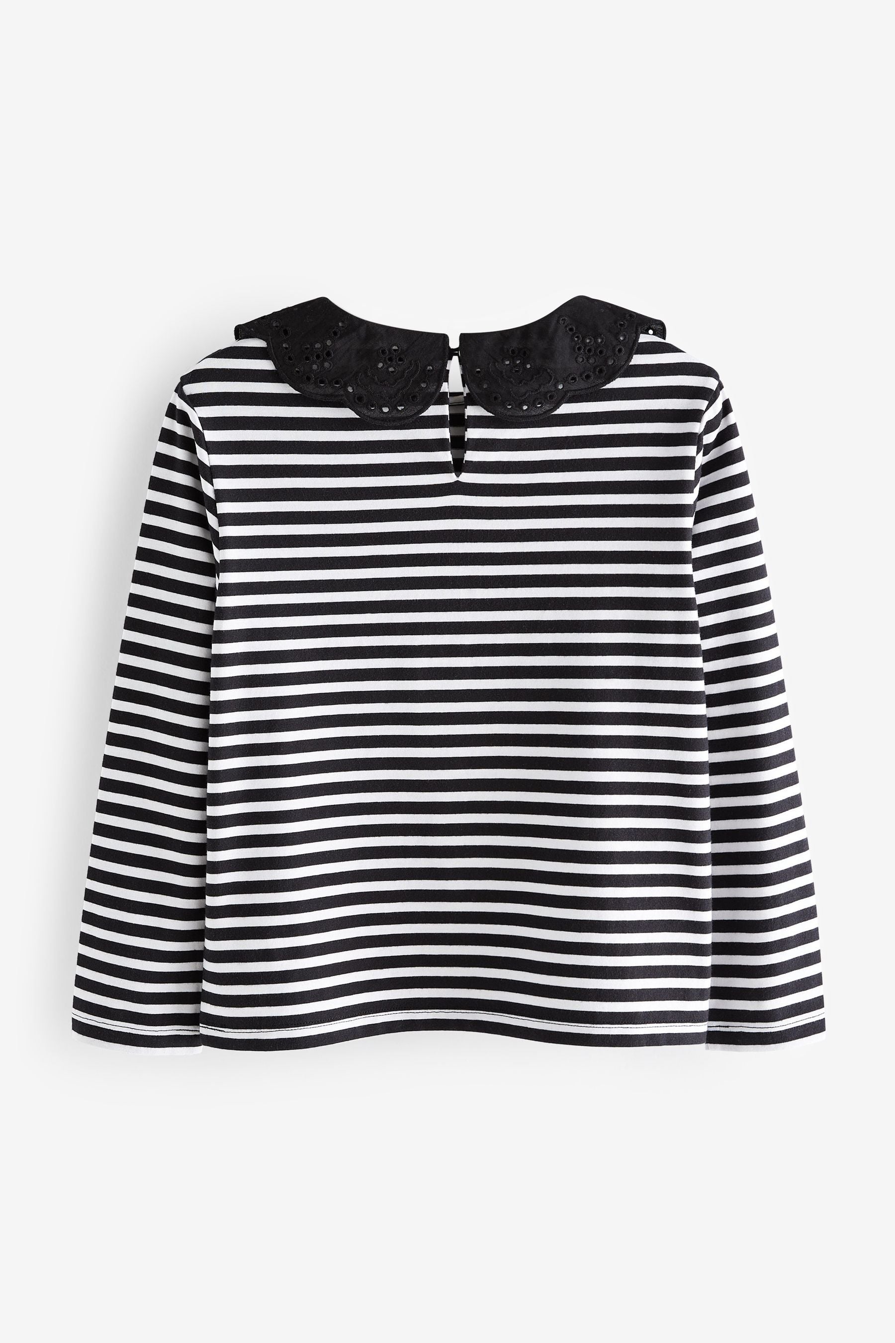 Black/White Stripe Broderie Collar Long Sleeve T-Shirt (3-16yrs)