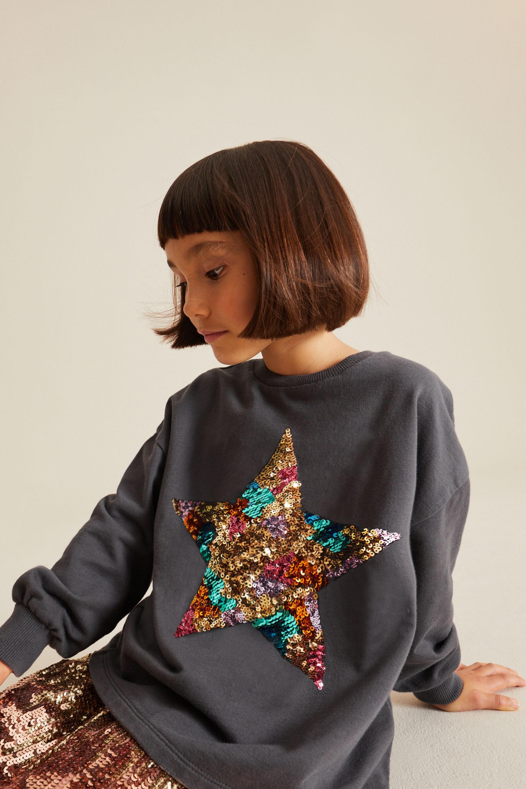 Charcoal Grey Sequin Star Long Sleeve T-Shirt (3-16yrs)