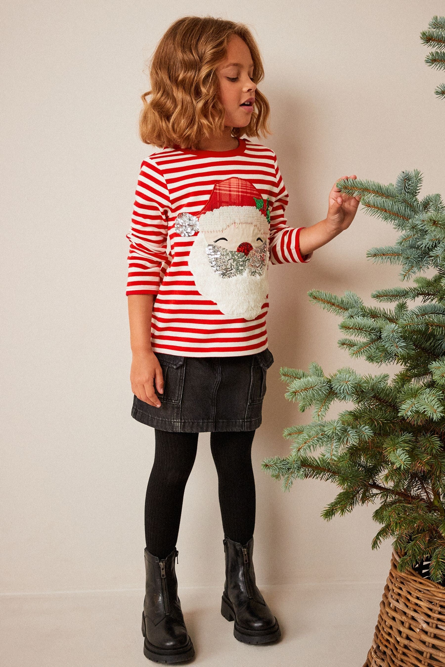 Red/White Santa Sequin Christmas Long Sleeve T-Shirt (3-16yrs)