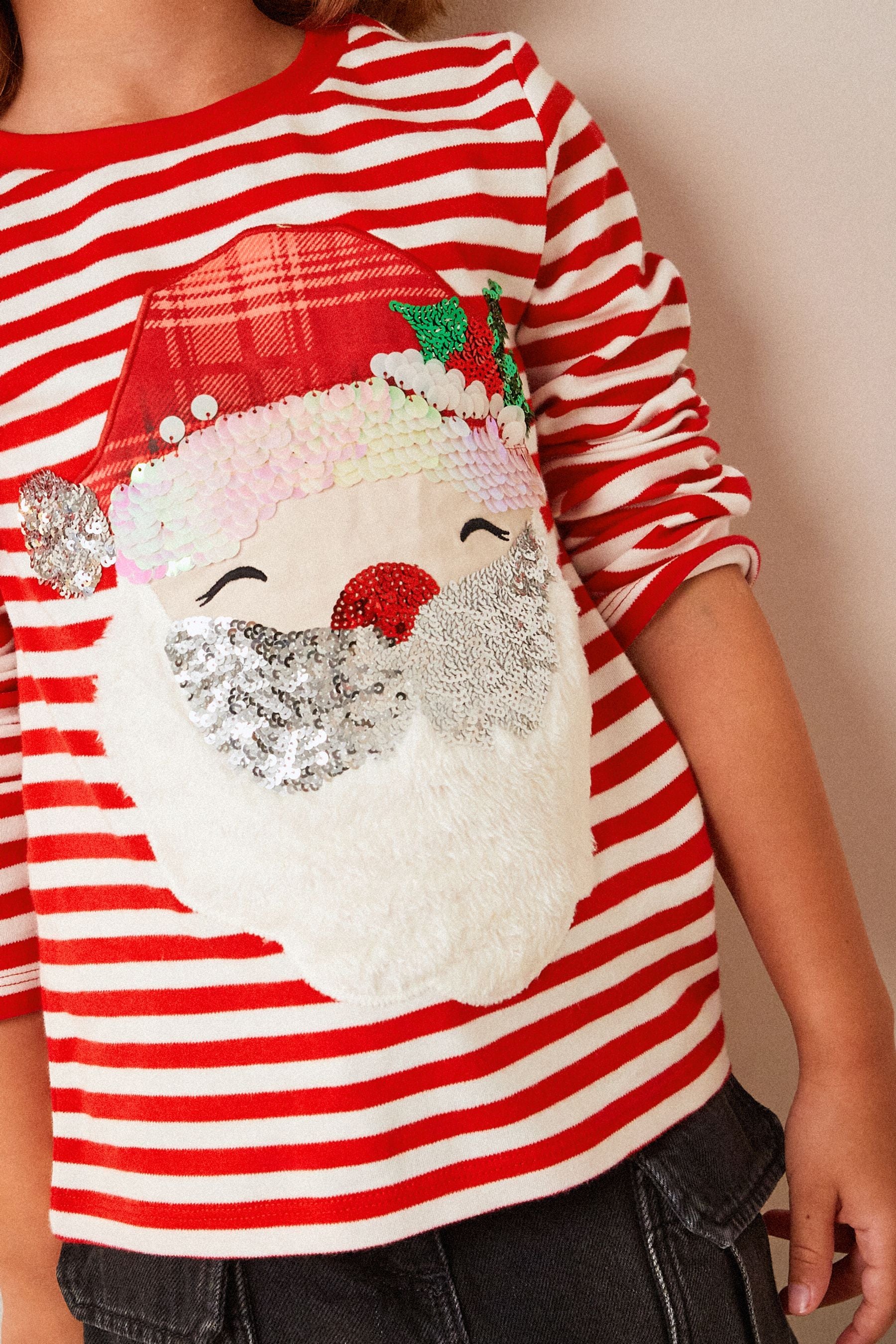 Red/White Santa Sequin Christmas Long Sleeve T-Shirt (3-16yrs)