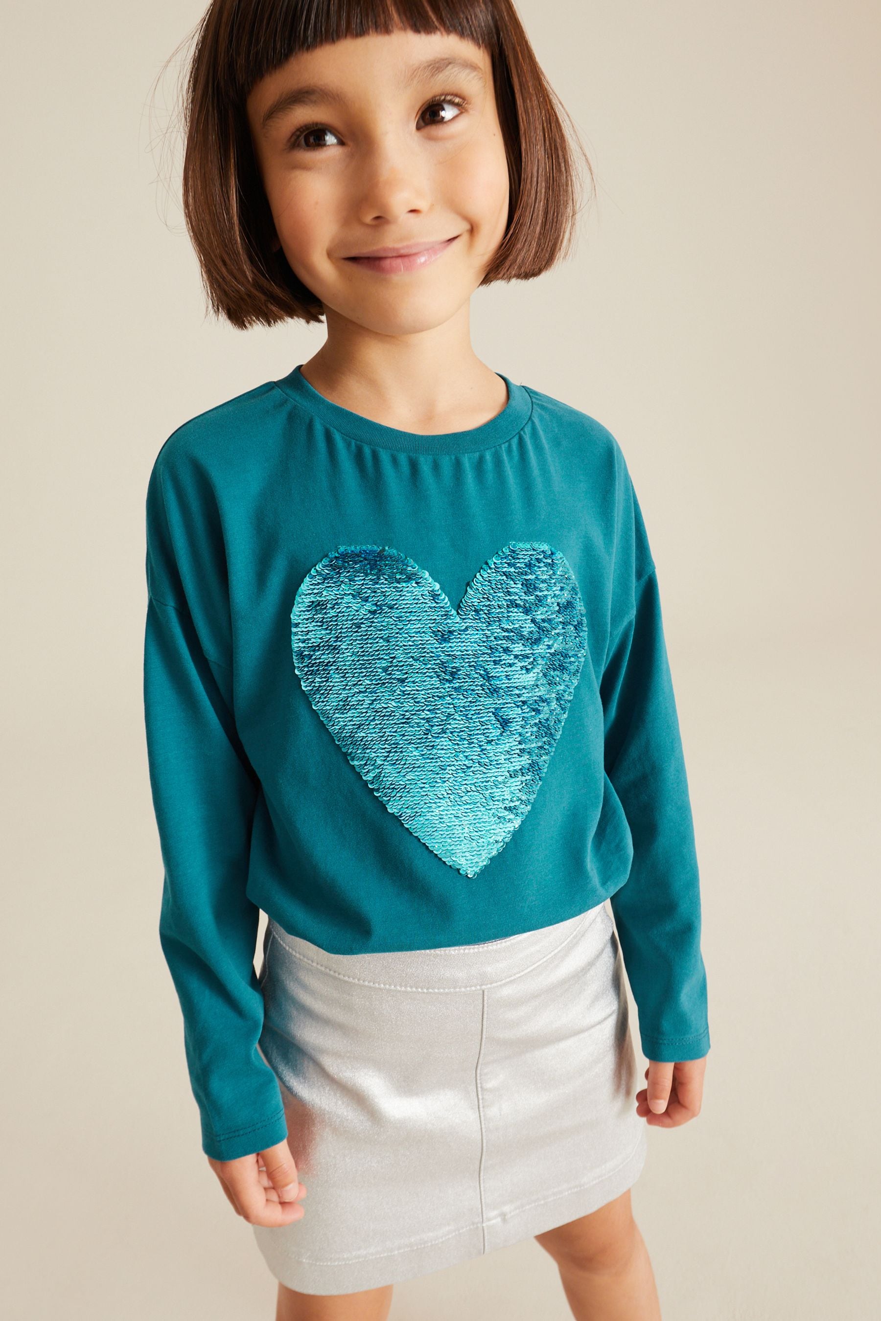 Teal Blue Long Sleeve Sequin Heart T-Shirt (3-16yrs)