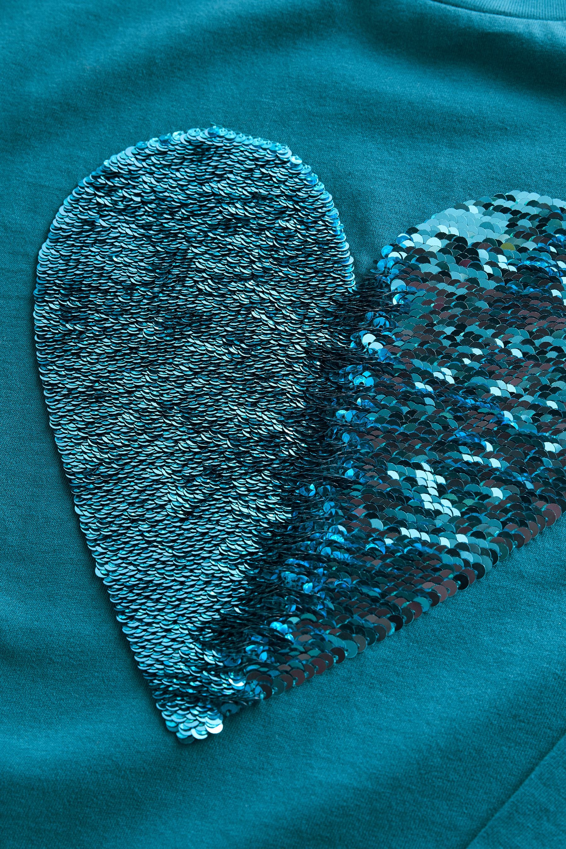 Teal Blue Long Sleeve Sequin Heart T-Shirt (3-16yrs)