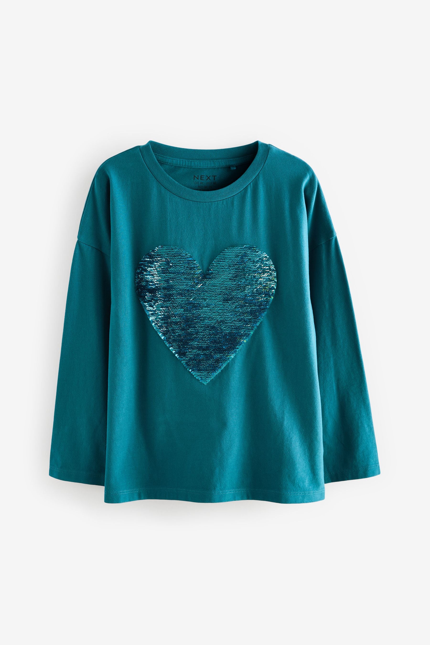 Teal Blue Long Sleeve Sequin Heart T-Shirt (3-16yrs)