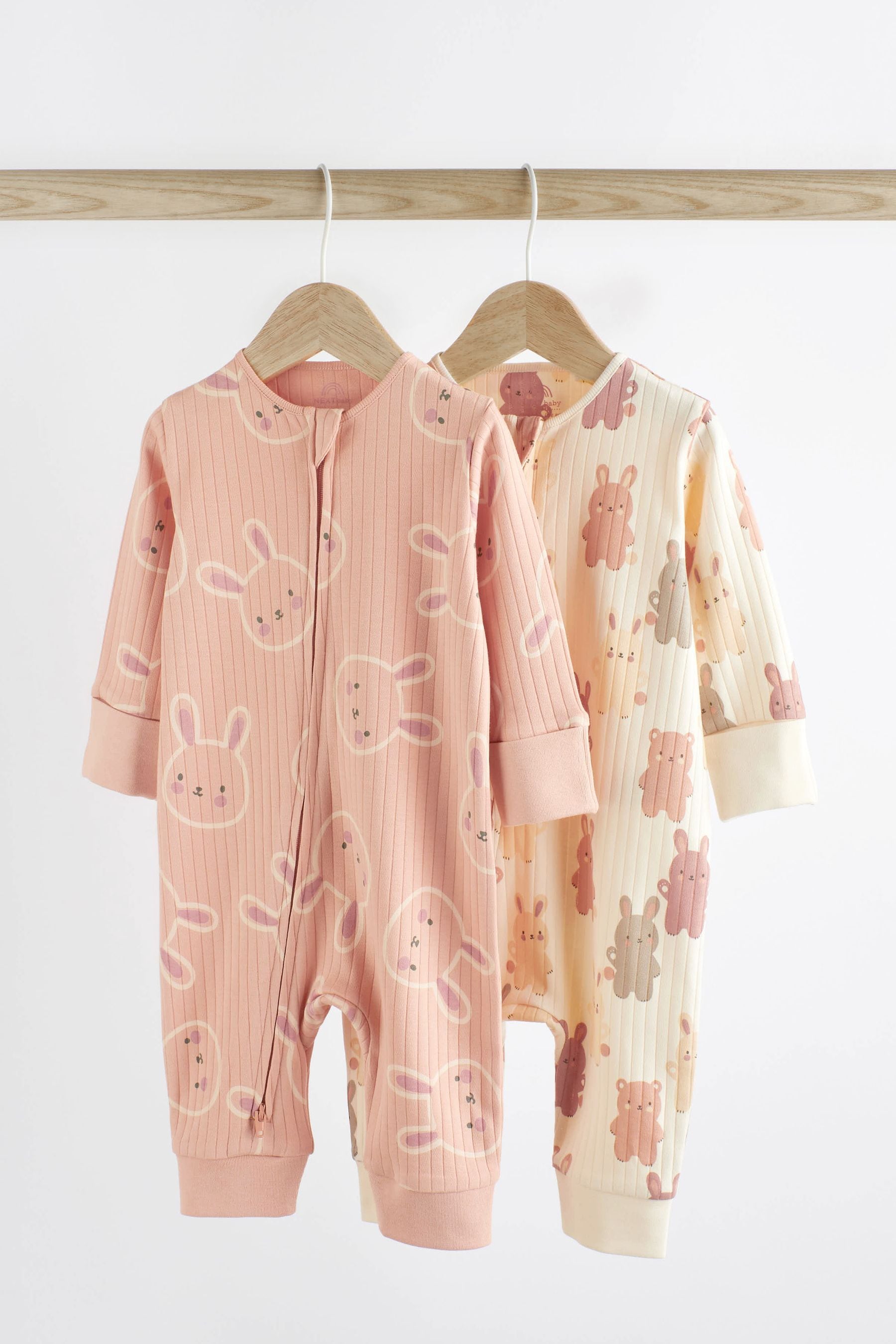 Pink Bunny Footless Rib Zip Sleepsuits 2 Pack (0-2yrs)