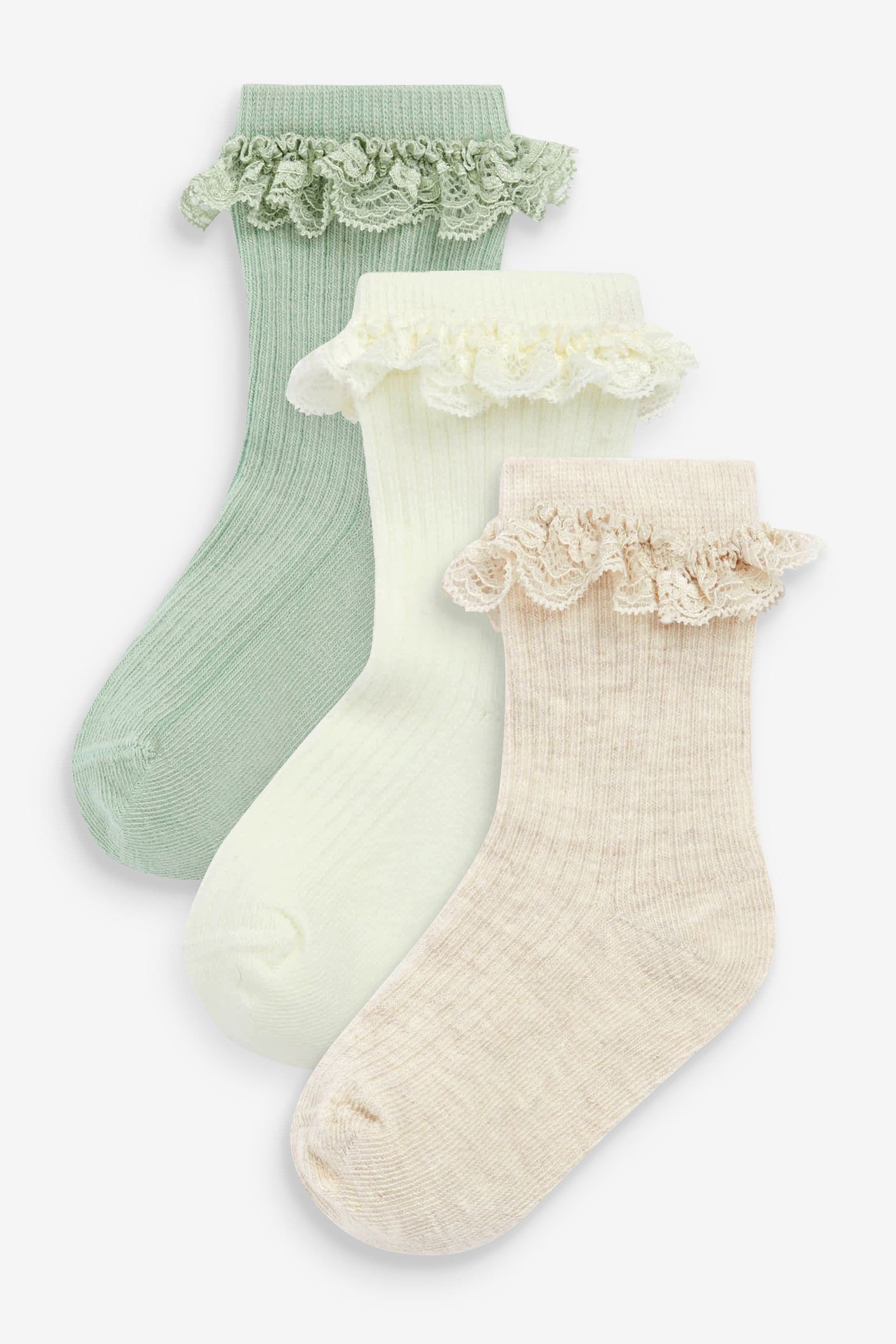 Sage Green Lace Trim Baby Socks 3 Pack (0mths-2yrs)