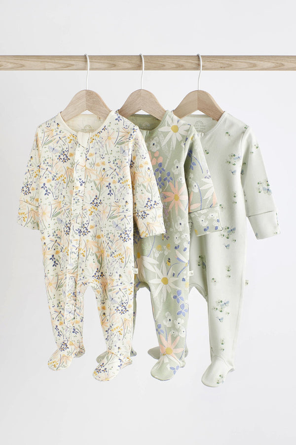 Mint Green Cotton Baby Zip Sleepsuits 3 Pack (0-2yrs)